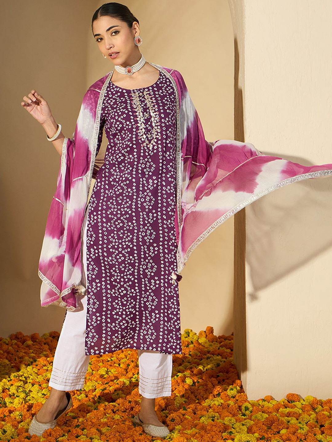 BANDIA Women Bandhani Printed Regular Gotta Patti Pure Cotton Kurta with Trousers & With Dupatta, Purple
BANDIA Women Bandhani Printed Regular Gotta Patti Pure Cotton Kurta with Trousers & With Dupatta, Purple
