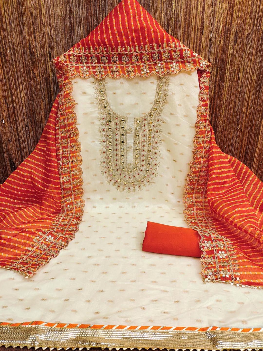 KALINI Ethnic Motifs Woven Design Mirror Work Chanderi Silk Unstitched Dress Material, White
KALINI Ethnic Motifs Woven Design Mirror Work Chanderi Silk Unstitched Dress Material, White
