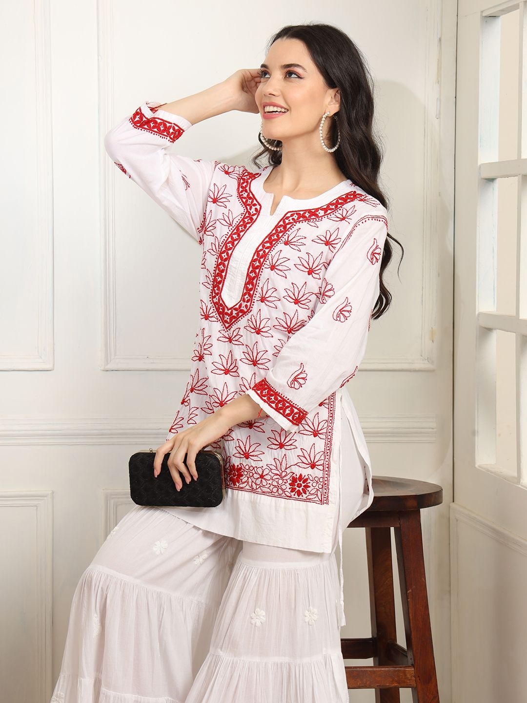 SUFIZA LIFESTYLE Floral Embroidered Notch Neck Chikankari Pure Cotton Straight Kurta, White
SUFIZA LIFESTYLE Floral Embroidered Notch Neck Chikankari Pure Cotton Straight Kurta, White