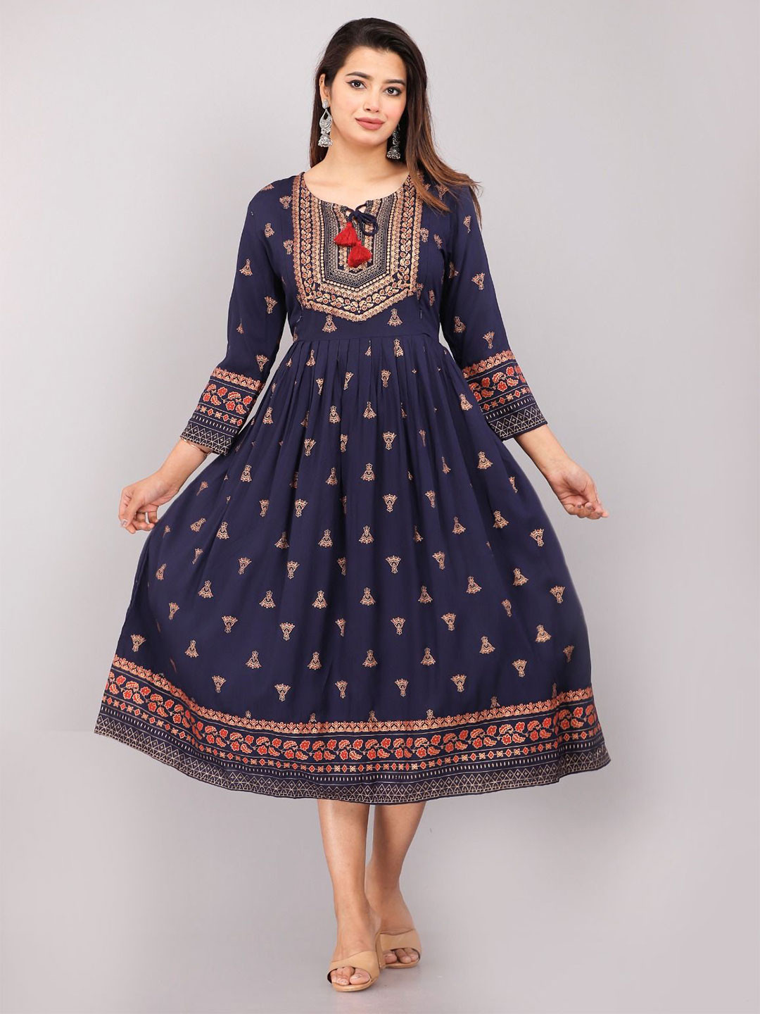 Vorcia Febtex Printed Midi Ethnic Dresses, Navy blue 
Vorcia Febtex Printed Midi Ethnic Dresses, Navy blue