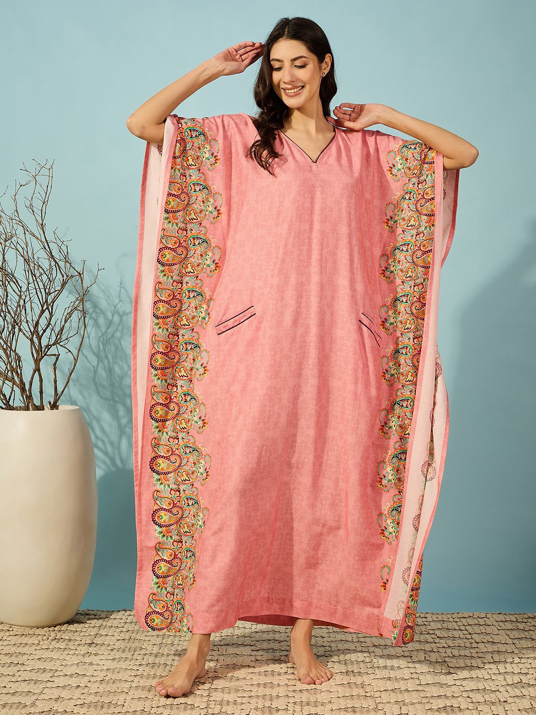 The Kaftan Company Women V-Neck Ethnic Motifs Printed Maxi Kaftan Nightdress, Pink
The Kaftan Company Women V-Neck Ethnic Motifs Printed Maxi Kaftan Nightdress, Pink