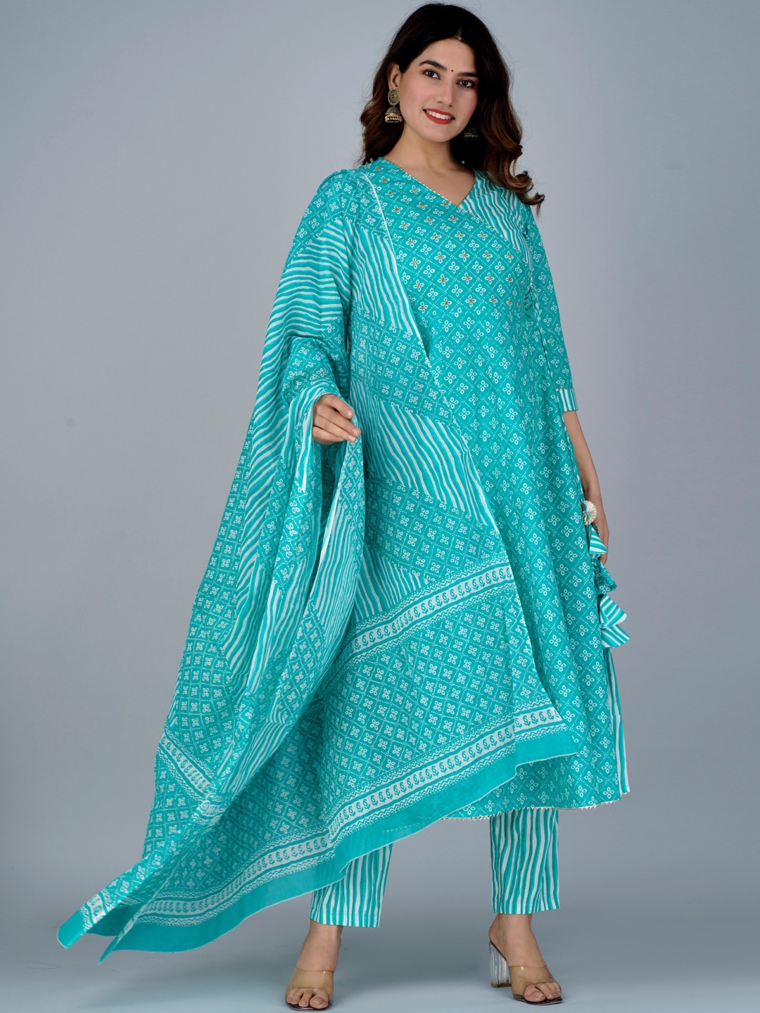 Mishree Collection Printed Angrakha Pure Cotton Anarkali Kurta With Trouser & Dupatta, Turquoise blue
Mishree Collection Printed Angrakha Pure Cotton Anarkali Kurta With Trouser & Dupatta, Turquoise blue