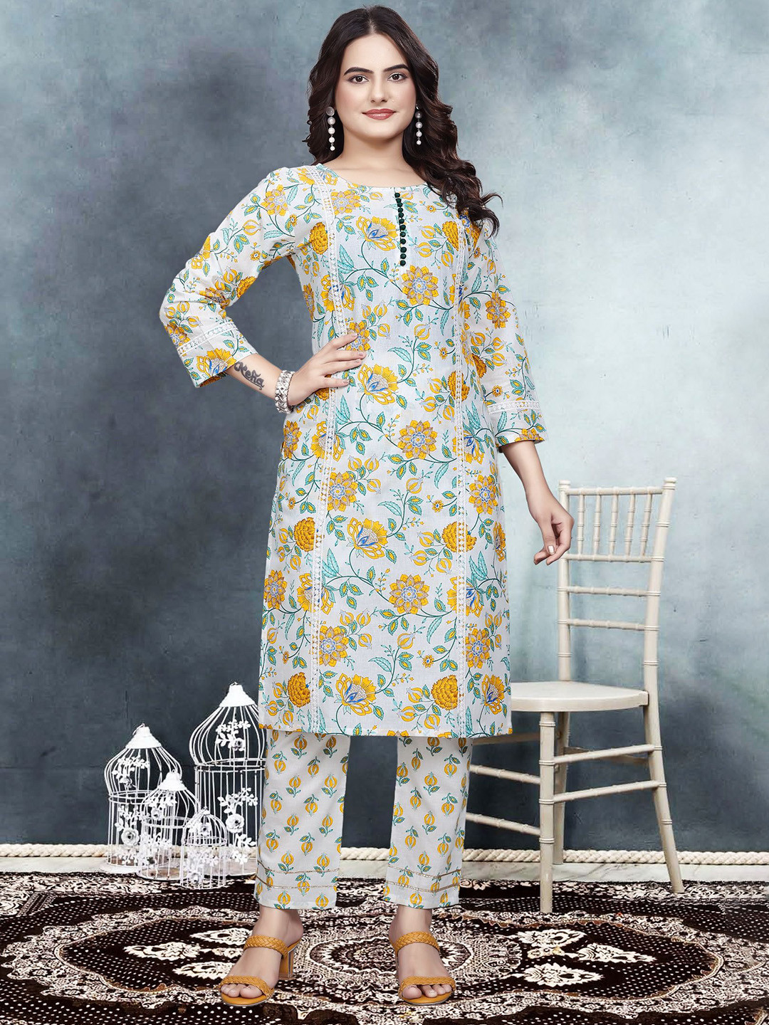 Divyadham Textiles Floral Printed Round Neck Straight Pure Cotton Kurta With Trousers, White
Divyadham Textiles Floral Printed Round Neck Straight Pure Cotton Kurta With Trousers, White