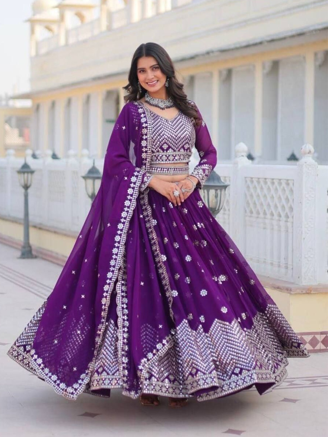 KALINI Embroidered Sequinned Georgette Ready to Wear Lehenga & Blouse With Dupatta, Purple
KALINI Embroidered Sequinned Georgette Ready to Wear Lehenga & Blouse With Dupatta, Purple