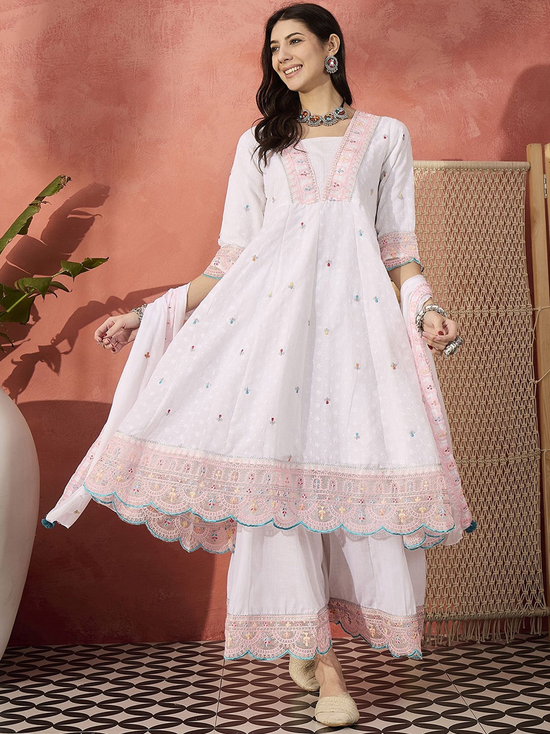 Sangria Embroidered Pure Cotton V-Neck Anarkali Kurta & Trousers With Dupatta, White
Sangria Embroidered Pure Cotton V-Neck Anarkali Kurta & Trousers With Dupatta, White