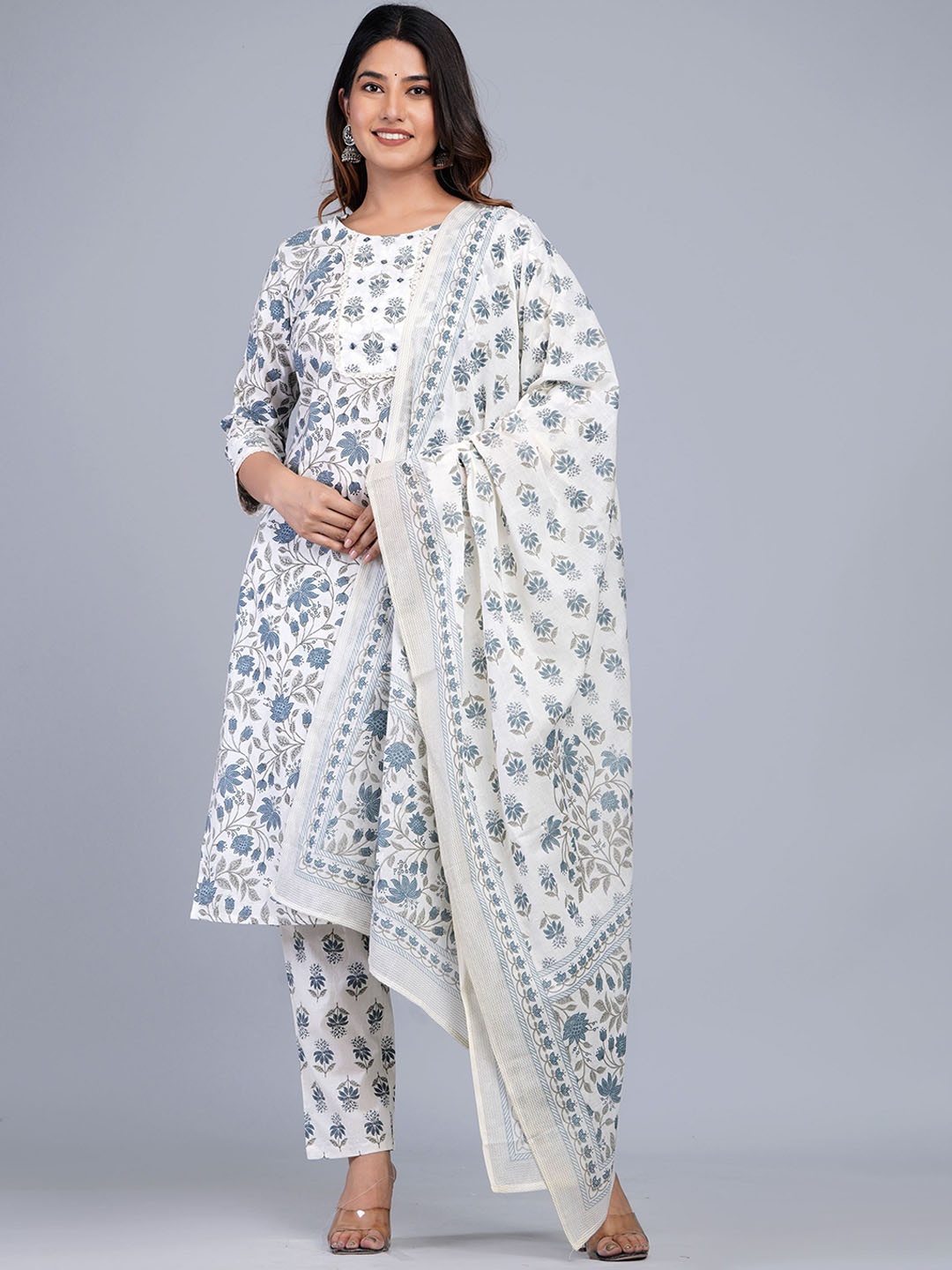 Mishree Collection Floral Printed Pure Cotton Straight Kurta With Trousers & Dupatta, White
Mishree Collection Floral Printed Pure Cotton Straight Kurta With Trousers & Dupatta, White