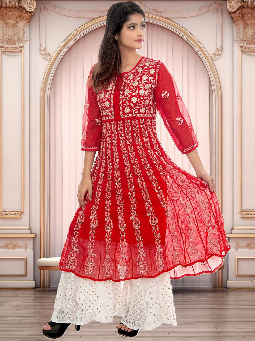 ADR CHIKAN Floral Embroidered Gotta Patti Georgette Anarkali Kurta With Sharara, Red
ADR CHIKAN Floral Embroidered Gotta Patti Georgette Anarkali Kurta With Sharara, Red