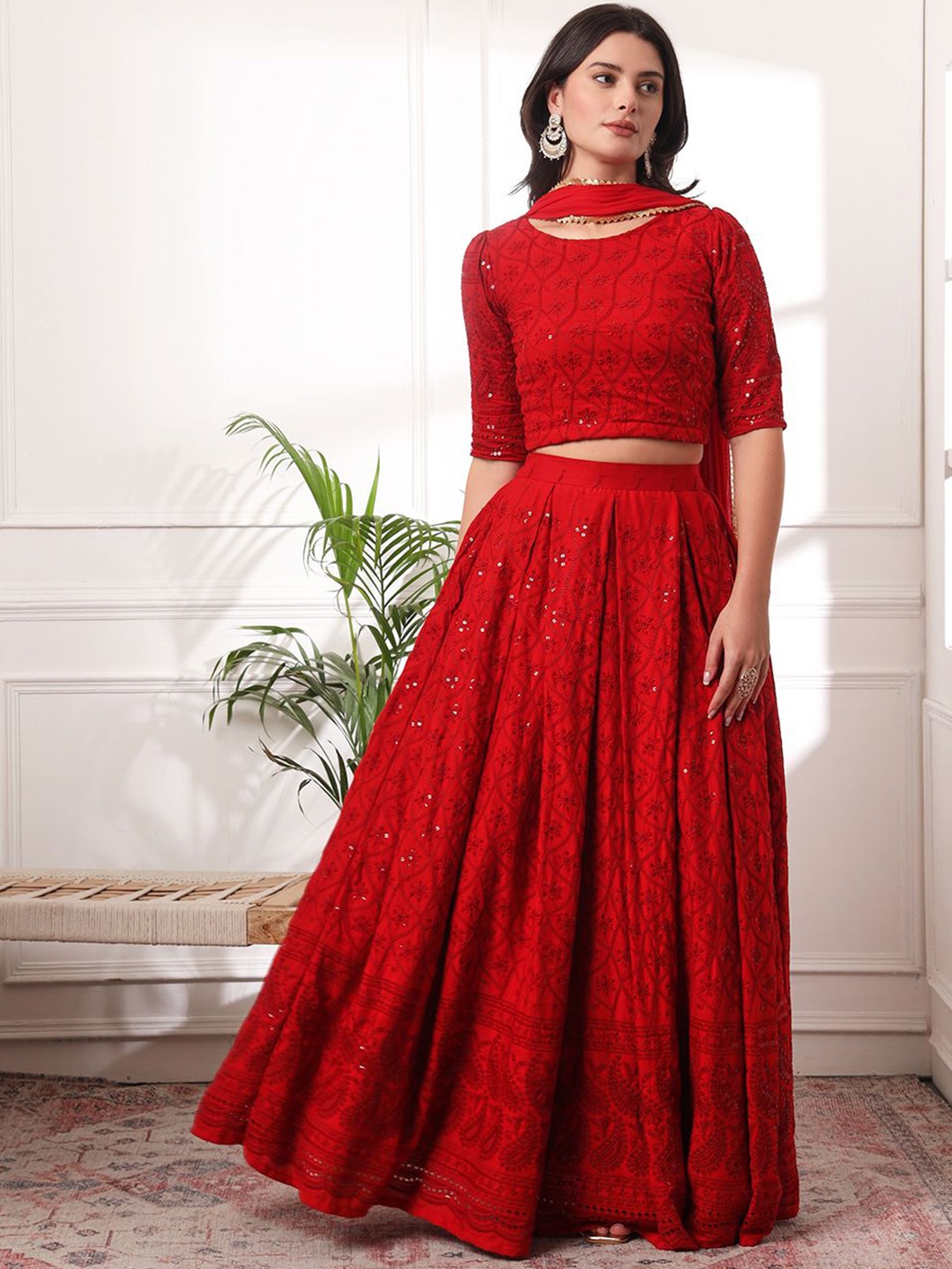 PRENEA Chikankari Embroidered Sequinned Ready to Wear Lehenga & Blouse With Dupatta, Red
PRENEA Chikankari Embroidered Sequinned Ready to Wear Lehenga & Blouse With Dupatta, Red