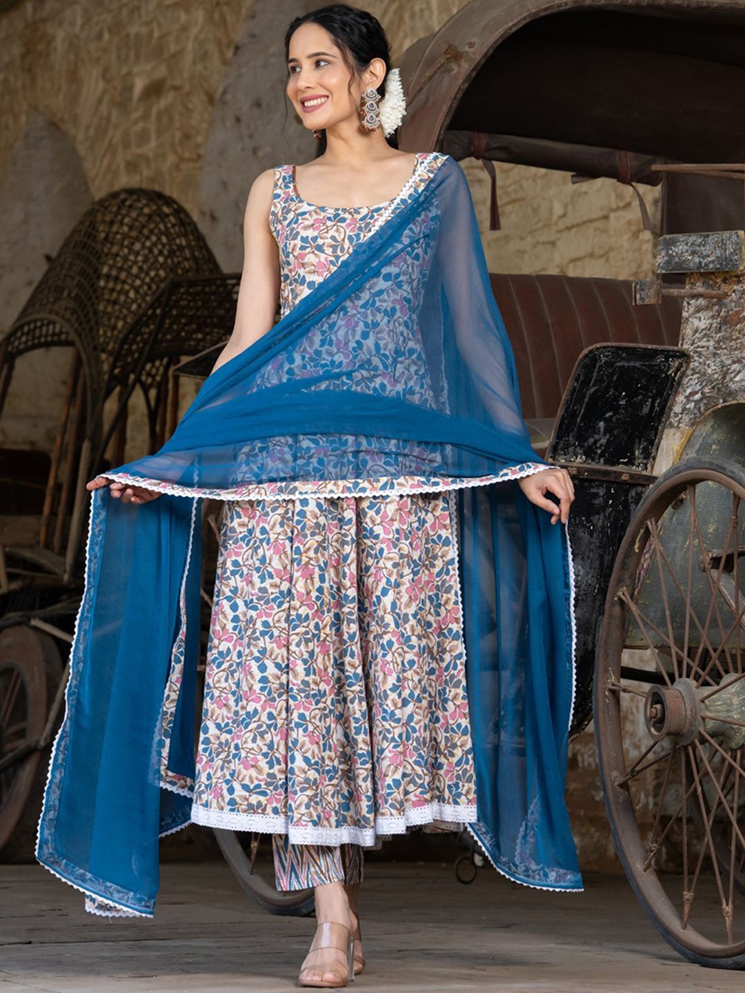 KALINI Floral Printed Round Neck Anarkali Kurta With Trousers And Dupatta, Blue
KALINI Floral Printed Round Neck Anarkali Kurta With Trousers And Dupatta, Blue