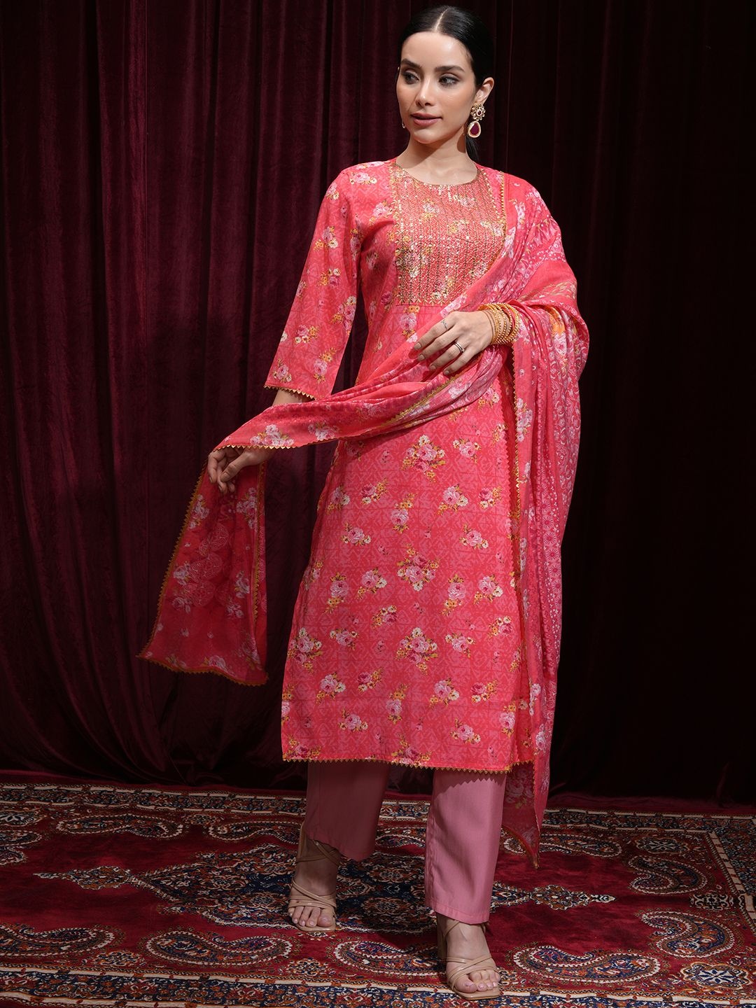 Vishudh Women Embroidered Yoke Printed Kurta with Solid Pant and Printed Dupatta, Pink
Vishudh Women Embroidered Yoke Printed Kurta with Solid Pant and Printed Dupatta, Pink