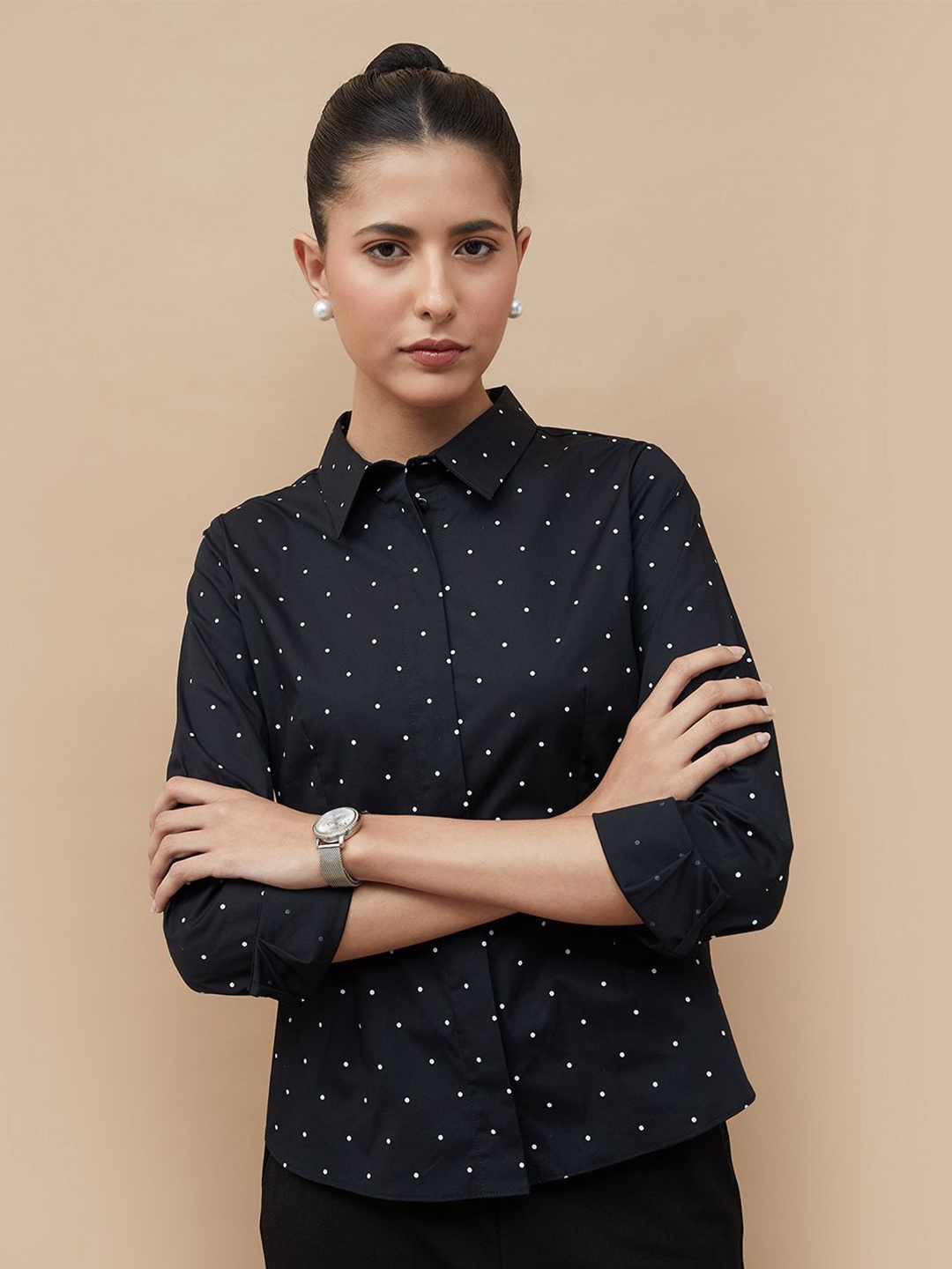 CODE by Lifestyle Women Cutaway Collar Polka Dots Printed Cotton Casual Shirt, Black
CODE by Lifestyle Women Cutaway Collar Polka Dots Printed Cotton Casual Shirt, Black