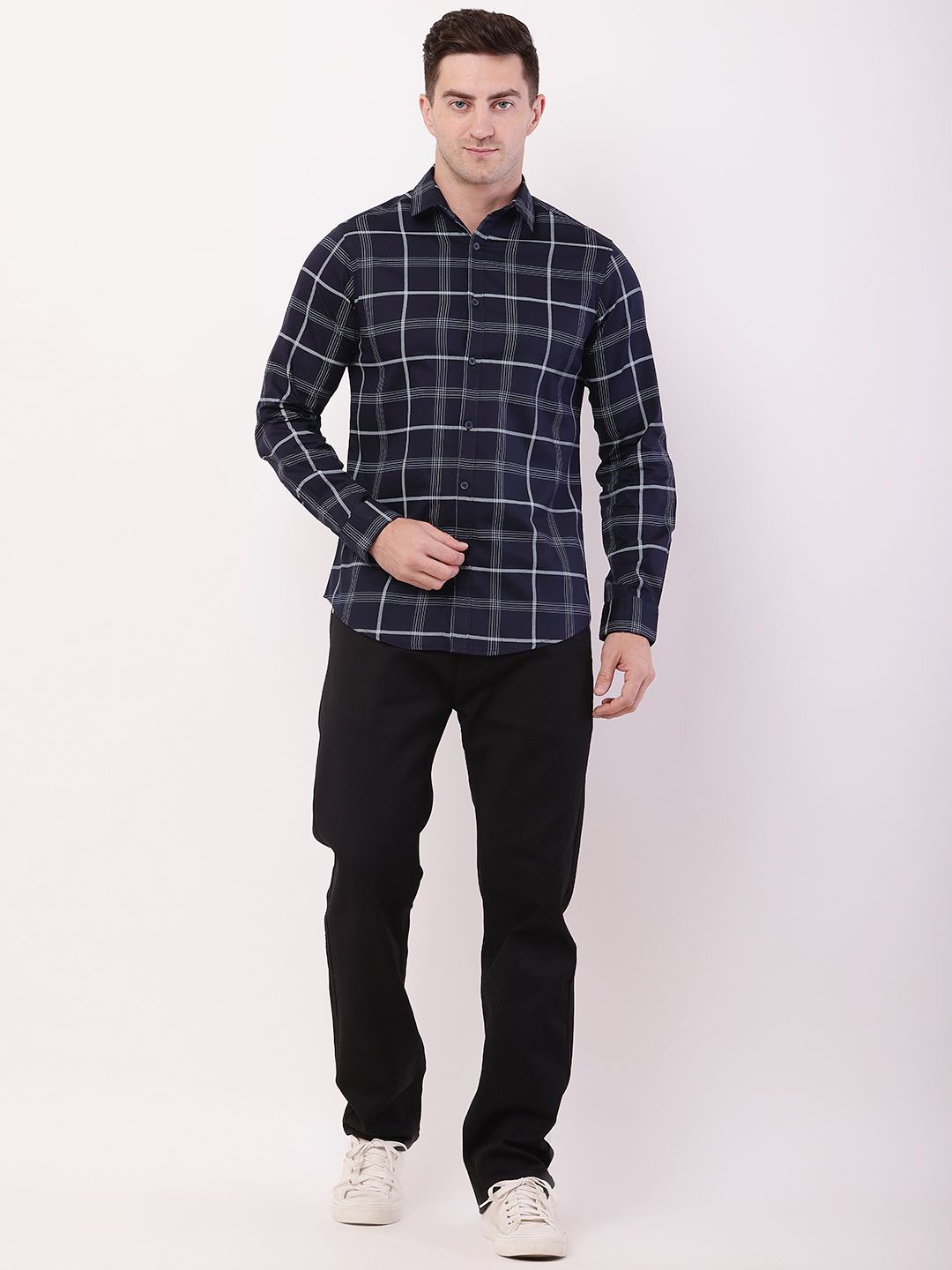 HERE&NOW Men Comfort Fit Spread Collar Windowpane Checked Cotton Casual Shirt, Navy blue
HERE&NOW Men Comfort Fit Spread Collar Windowpane Checked Cotton Casual Shirt, Navy blue
