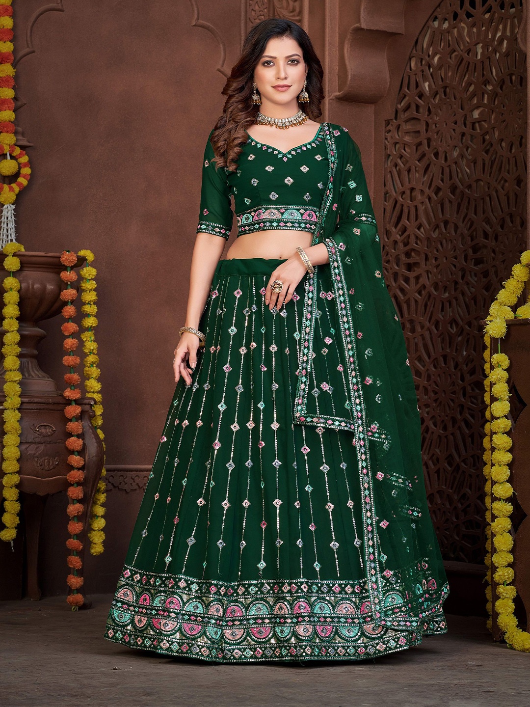 KALINI Embroidered Sequinned Semi-Stitched Lehenga & Unstitched Blouse With Dupatta, Green
KALINI Embroidered Sequinned Semi-Stitched Lehenga & Unstitched Blouse With Dupatta, Green
