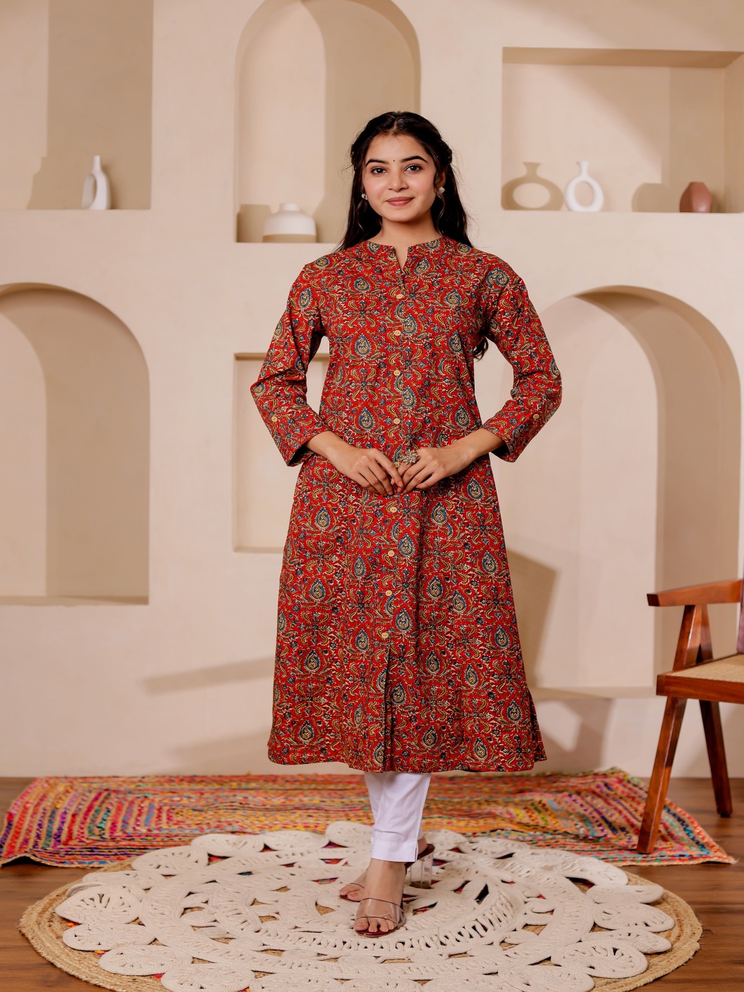 VASVI Ethnic Motifs Printed Mandarin Collar Kalamkari Cotton A-Line Kurta, Maroon
VASVI Ethnic Motifs Printed Mandarin Collar Kalamkari Cotton A-Line Kurta, Maroon