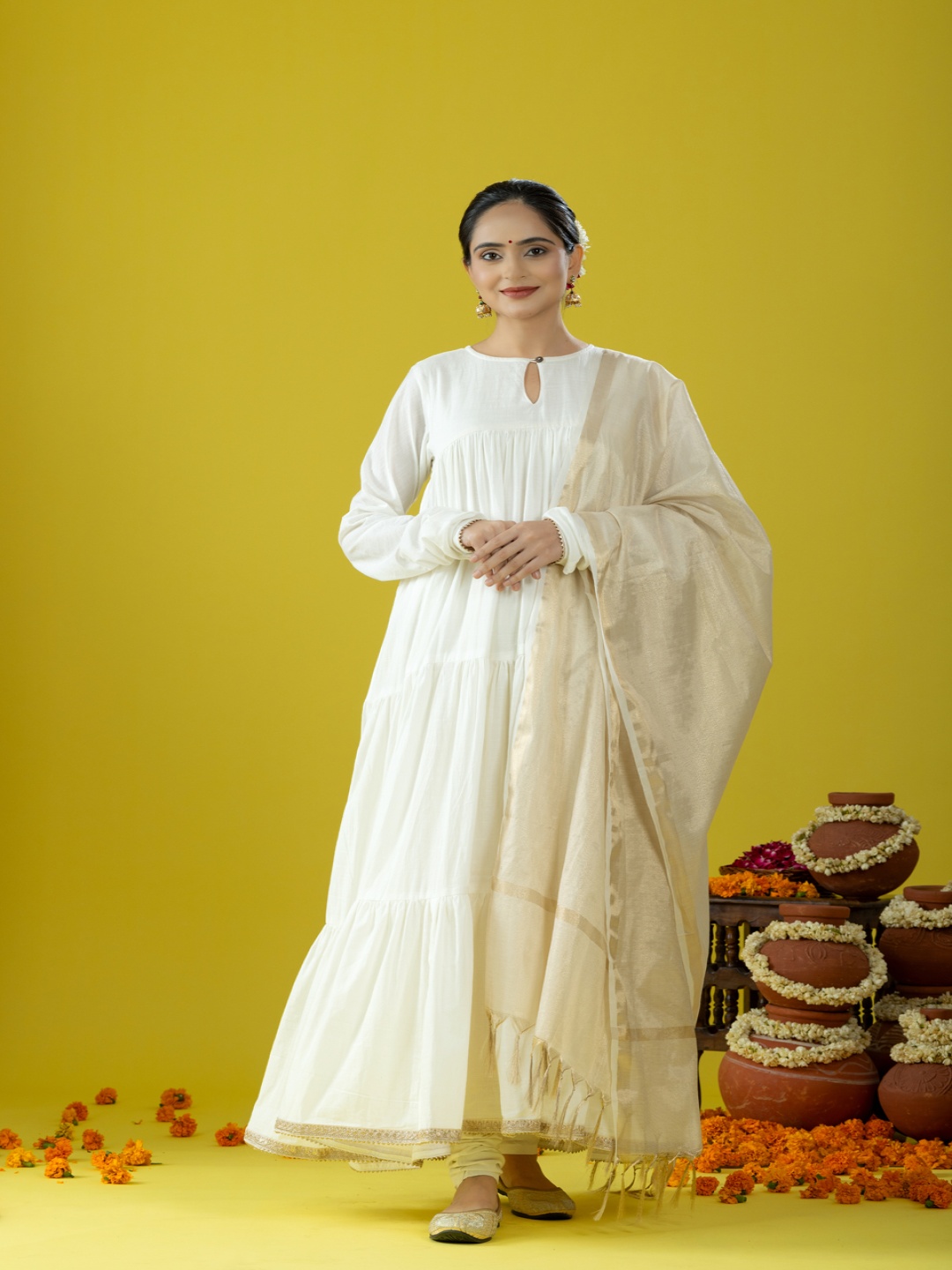 HANDIKART Keyhole Neck Tiered Cambric Cotton Anarkali Kurta With Churidar & Dupatta, White
HANDIKART Keyhole Neck Tiered Cambric Cotton Anarkali Kurta With Churidar & Dupatta, White