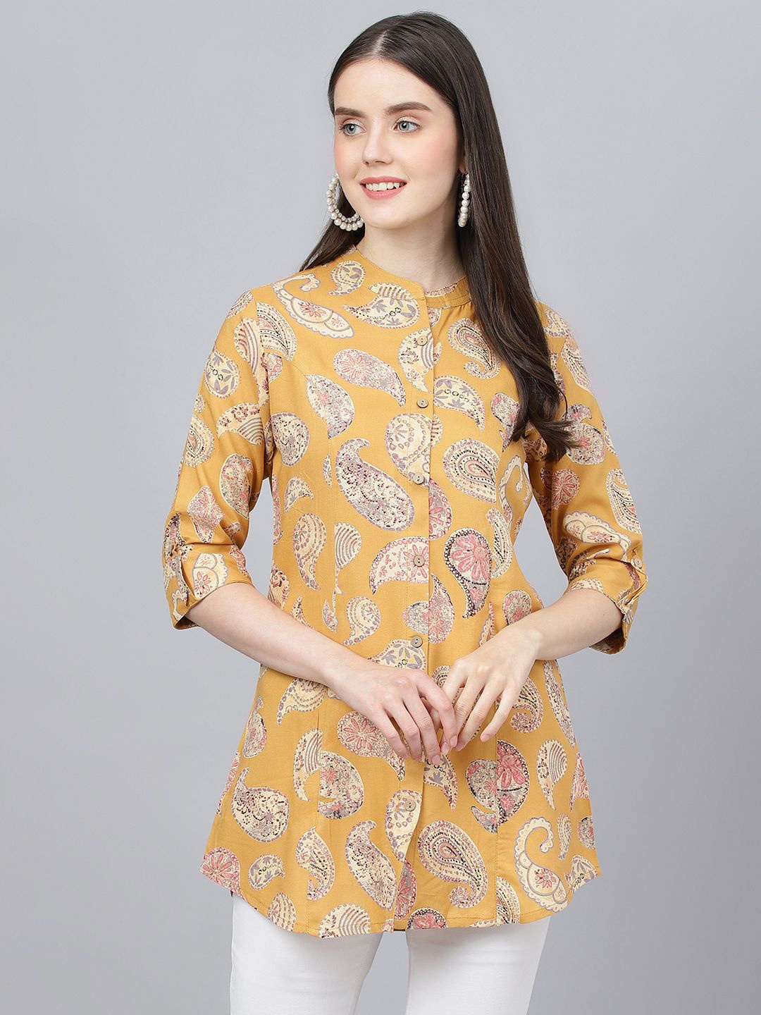BAESD Women Ethnic Motifs Printed Mandarin Collar Roll-Up Sleeves A-Line Top, Mustard
BAESD Women Ethnic Motifs Printed Mandarin Collar Roll-Up Sleeves A-Line Top, Mustard