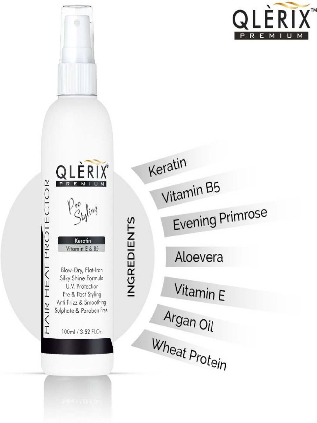 QLERIX Pro Styling Keratin Hair Heat Protector With Vitamin E & B5 - 100 ml, Transparent
QLERIX Pro Styling Keratin Hair Heat Protector With Vitamin E & B5 - 100 ml, Transparent