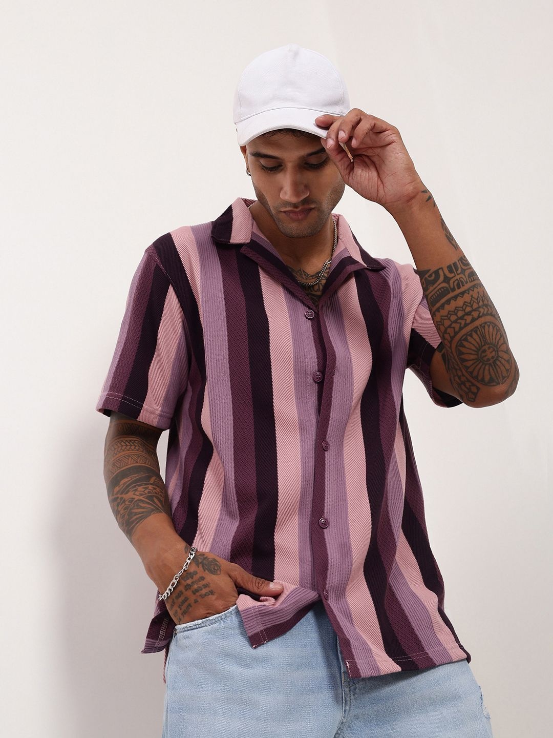 SHOWOFF Men Comfort Relaxed Fit Cuban Collar Vertical Striped Cotton Casual Shirt, Purple
SHOWOFF Men Comfort Relaxed Fit Cuban Collar Vertical Striped Cotton Casual Shirt, Purple