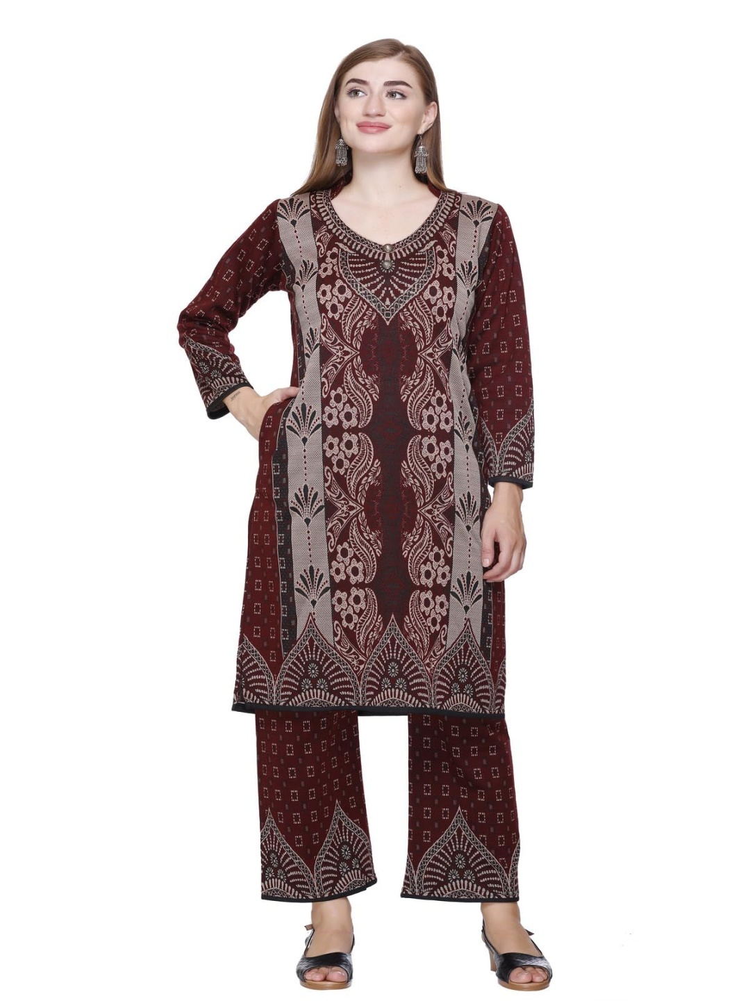ROSARY Floral Printed Mandarin Collar Jacquard Woollen Straight Kurta With Palazzos, Brown
ROSARY Floral Printed Mandarin Collar Jacquard Woollen Straight Kurta With Palazzos, Brown