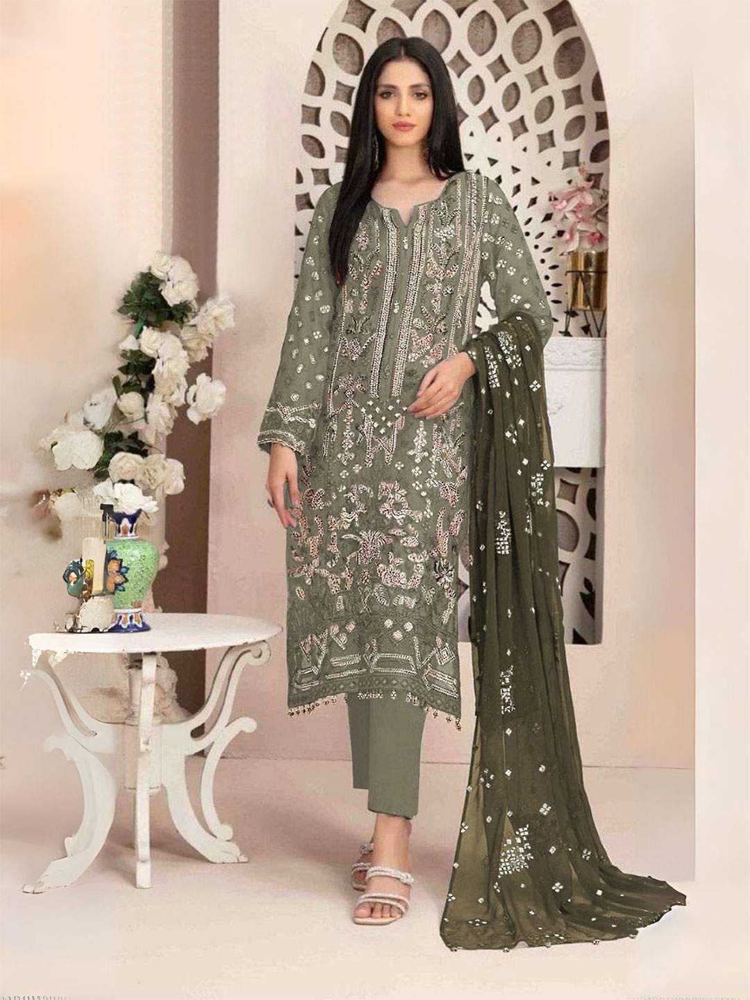 ODETTE Women Floral Embroidered Sequinned Georgette Semi-Stitched Dress Material, Olive
ODETTE Women Floral Embroidered Sequinned Georgette Semi-Stitched Dress Material, Olive