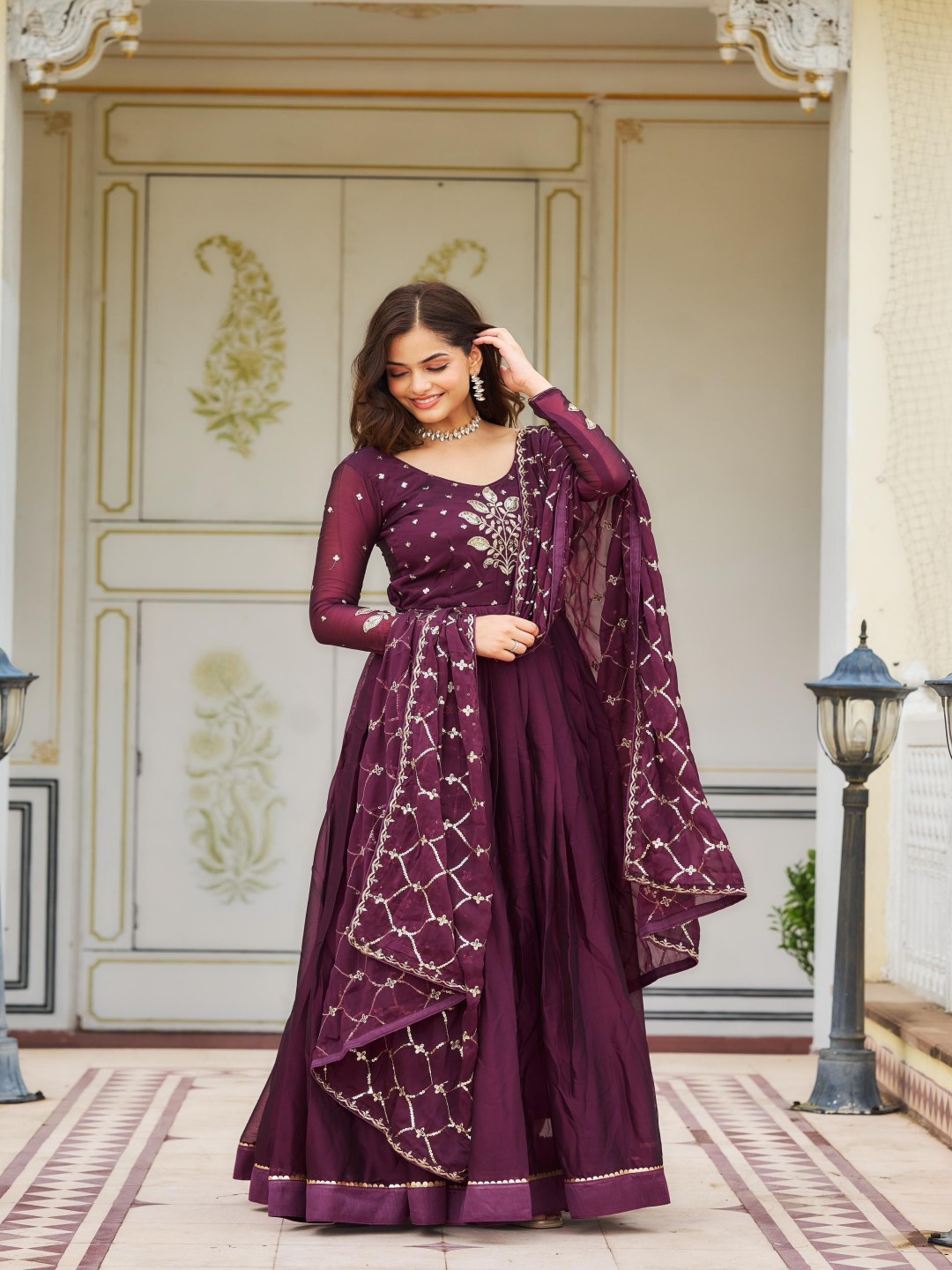 Ethnic Yard Floral Embroidered V-Neck Georgette Maxi Gown Ethnic Dress With Dupatta, Purple
Ethnic Yard Floral Embroidered V-Neck Georgette Maxi Gown Ethnic Dress With Dupatta, Purple