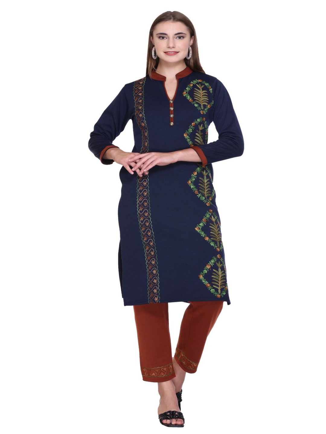 ROSARY Floral Embroidered Mandarin Collar Jacquard Woollen Straight Kurta With Trousers, Blue
ROSARY Floral Embroidered Mandarin Collar Jacquard Woollen Straight Kurta With Trousers, Blue