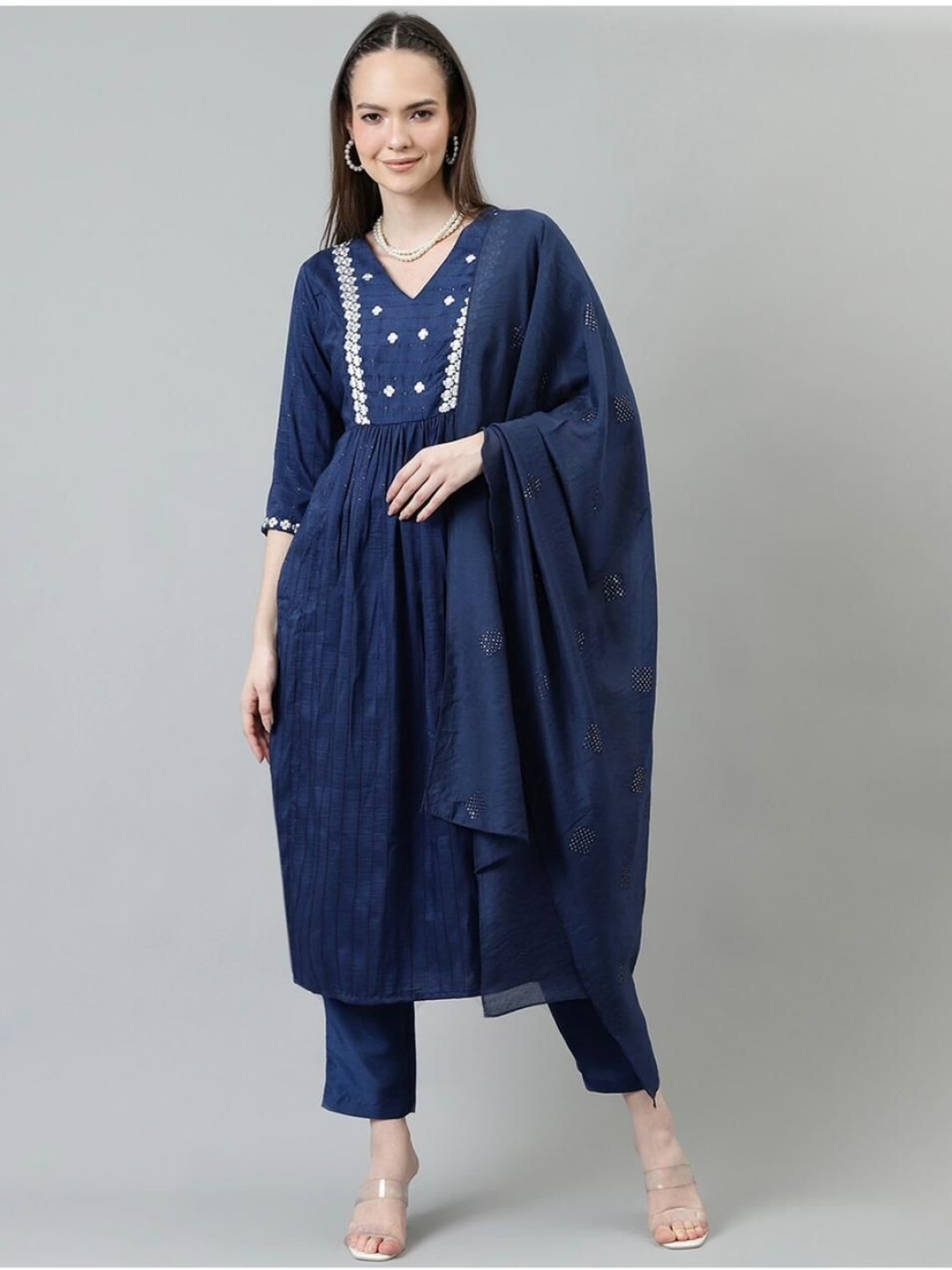 GURRA Striped Work V-Neck Lace Work Straight Kurta With Trousers And Dupatta, Navy blue
GURRA Striped Work V-Neck Lace Work Straight Kurta With Trousers And Dupatta, Navy blue