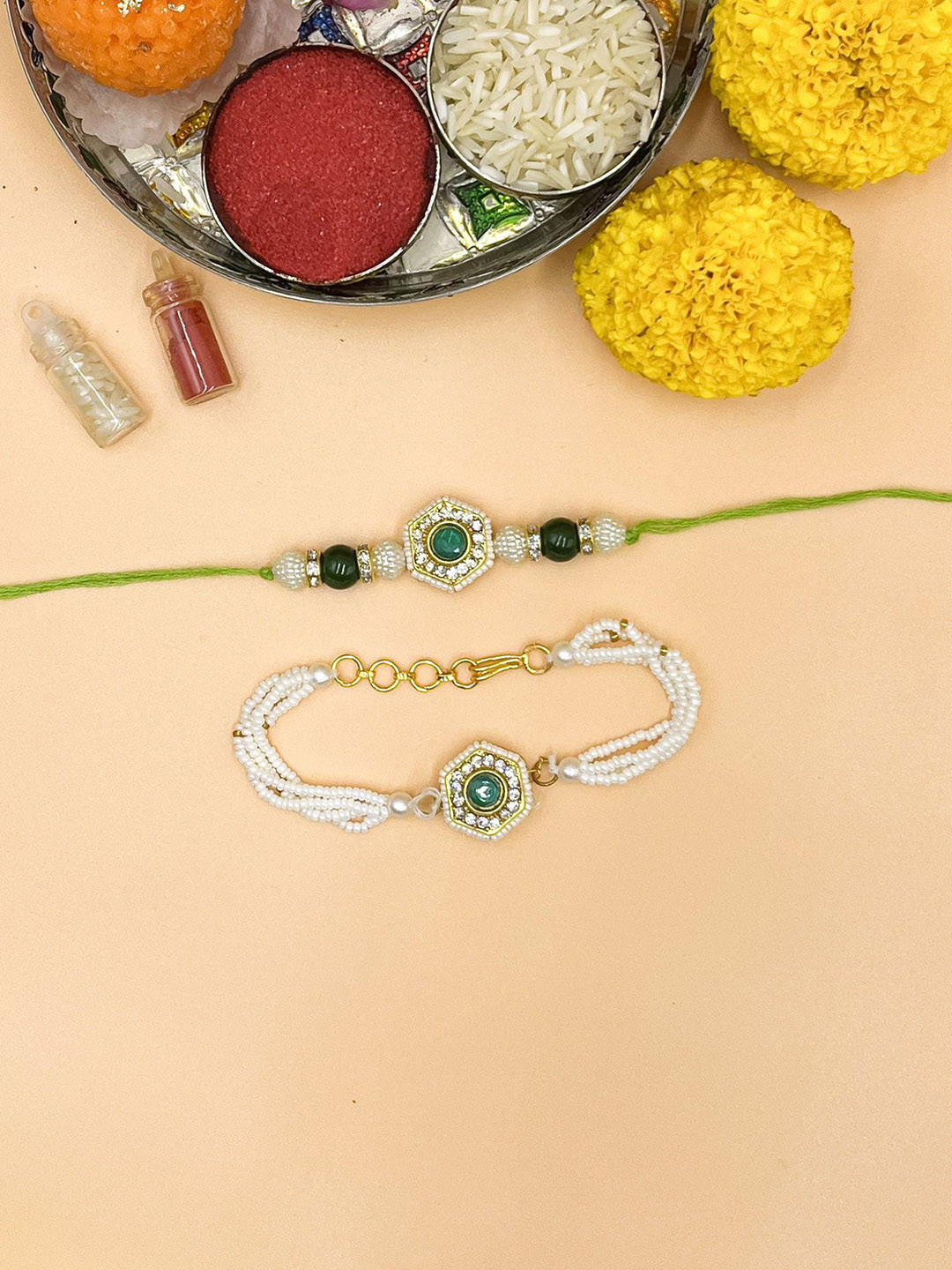 Sangria Kundan Studded & Beaded Bhaiya Bhabhi Rakhis With Roli Chawal, Gold
Sangria Kundan Studded & Beaded Bhaiya Bhabhi Rakhis With Roli Chawal, Gold