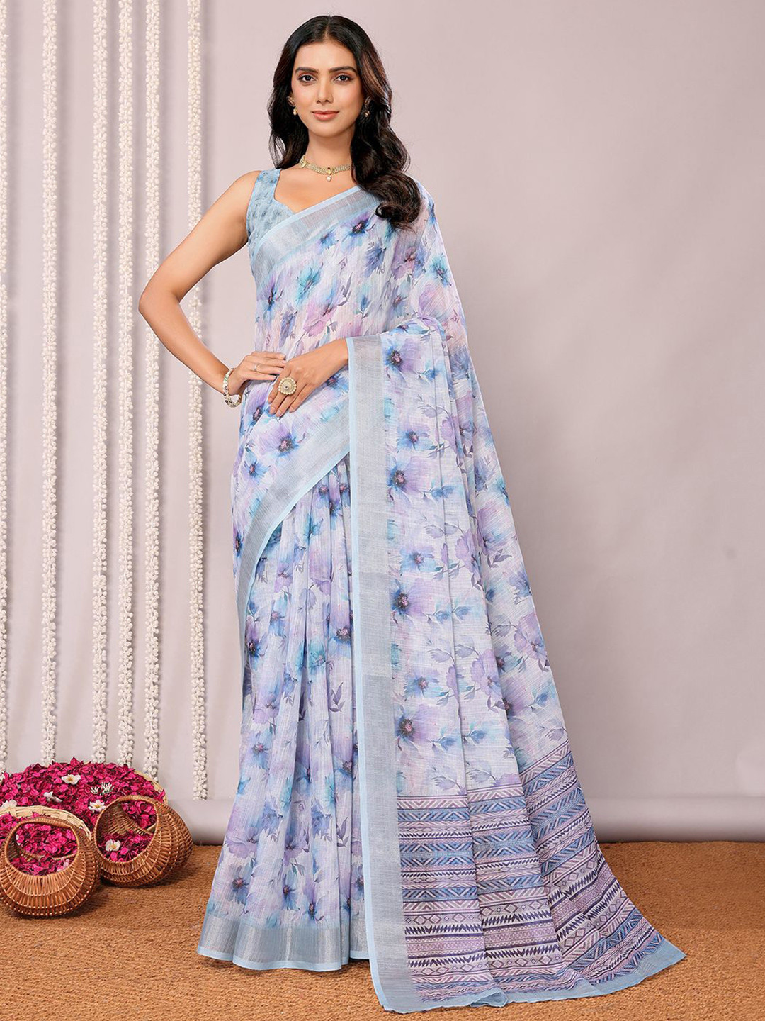 Janasya Women Light Blue Linen Blend Floral Printed Saree with Unstitched Blouse Piece
Janasya Women Light Blue Linen Blend Floral Printed Saree with Unstitched Blouse Piece