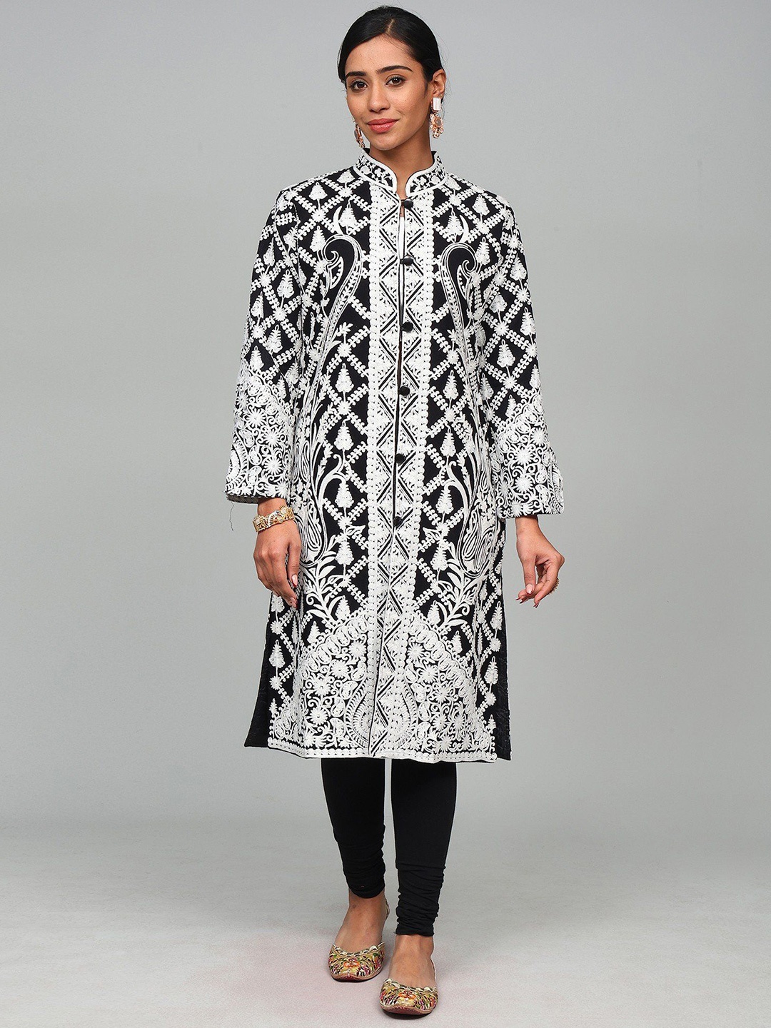 Exotic India Women Floral Woollen Longline Tailored Jacket with Embroidered, Black
Exotic India Women Floral Woollen Longline Tailored Jacket with Embroidered, Black