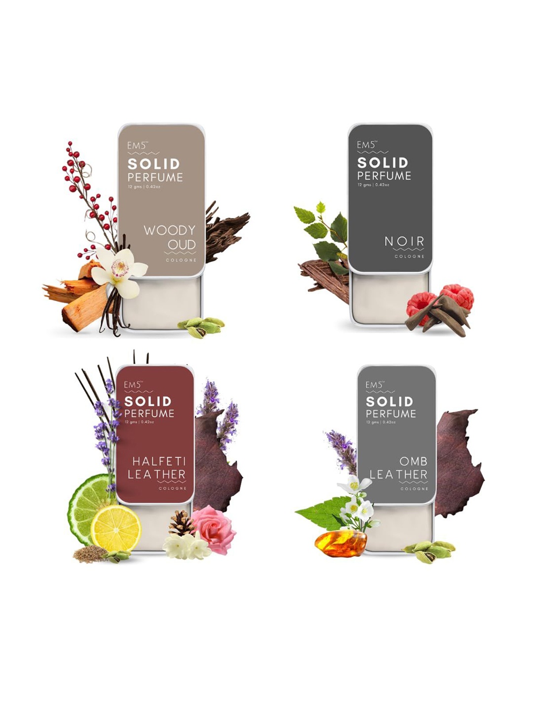 EM5 Men Set Of 4 Woody Oud, Noir, Halfeti Leather & Omb Leather Solid Perfume - 12 g Each, Transparent
EM5 Men Set Of 4 Woody Oud, Noir, Halfeti Leather & Omb Leather Solid Perfume - 12 g Each, Transparent