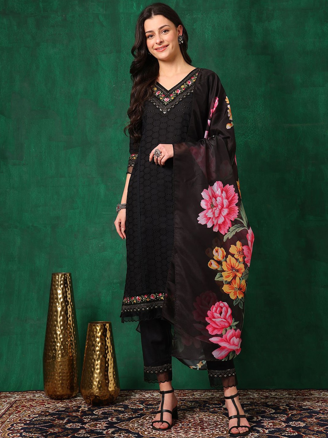 KALINI Women Embroidered Regular Chikankari Pure Cotton Kurta with Trousers & With Dupatta, Black
KALINI Women Embroidered Regular Chikankari Pure Cotton Kurta with Trousers & With Dupatta, Black