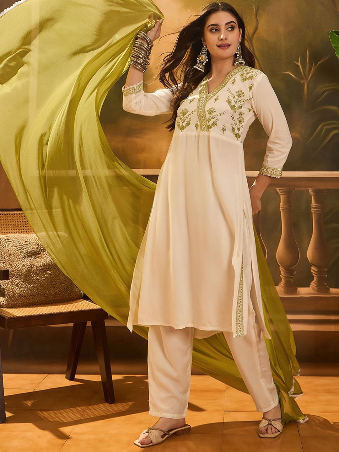 Sangria Embroidered Thread Work V-Neck Pure Cotton Straight Kurta With Trouser & Dupatta, White
Sangria Embroidered Thread Work V-Neck Pure Cotton Straight Kurta With Trouser & Dupatta, White