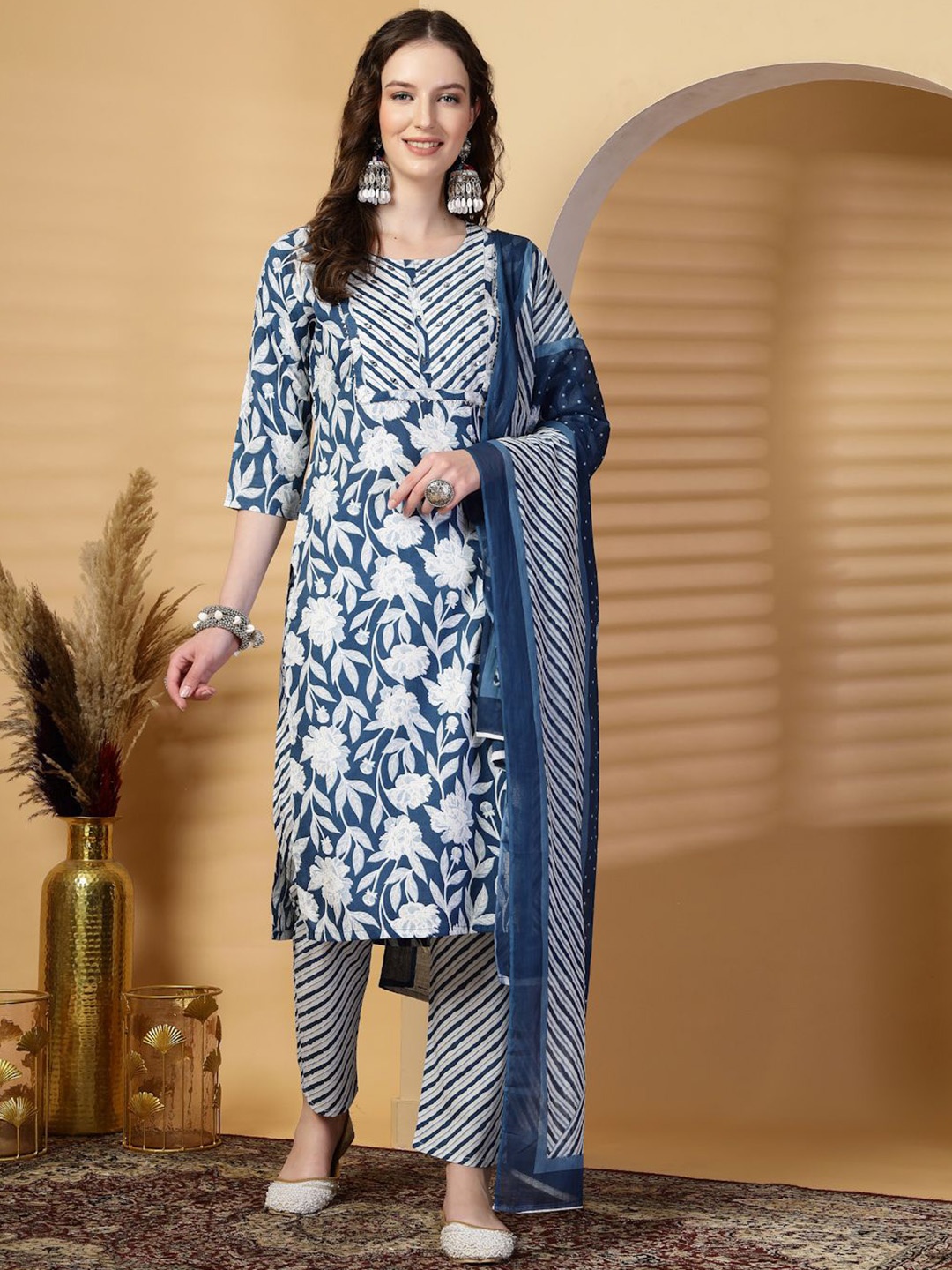Clora Creation Floral Printed Regular Mirror Work Kurta with Trousers & With Dupatta, Blue
Clora Creation Floral Printed Regular Mirror Work Kurta with Trousers & With Dupatta, Blue