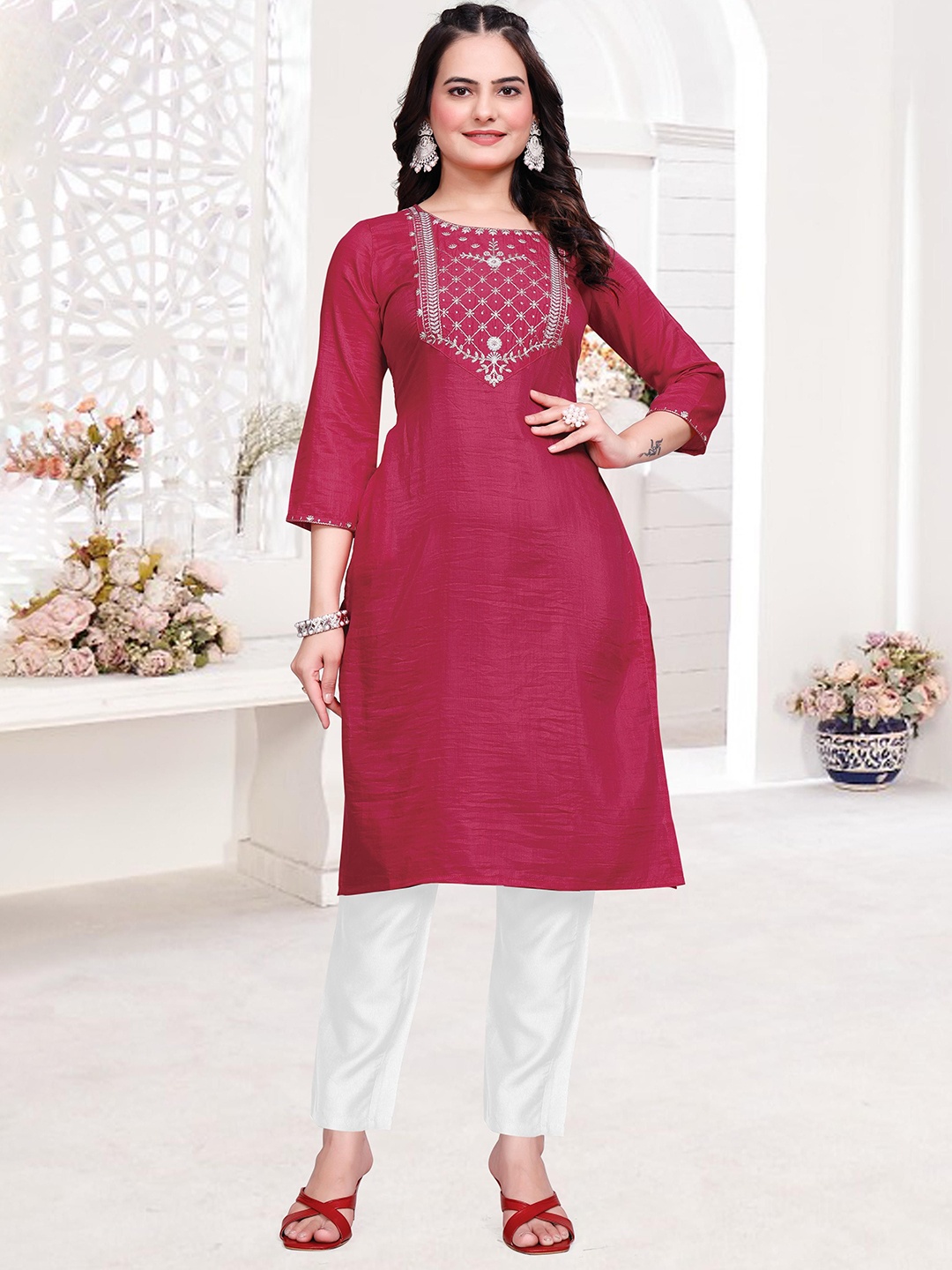Moda Rapido Women Embroidered Regular Sequinned Pure Cotton Kurta with Trousers, Pink
Moda Rapido Women Embroidered Regular Sequinned Pure Cotton Kurta with Trousers, Pink