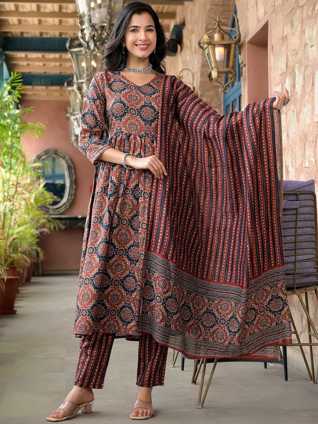 Subh LAXMI Women Ethnic Motifs Printed Regular Kantha Work Pure Cotton Kurta with Trousers & With Dupatta, Brown
Subh LAXMI Women Ethnic Motifs Printed Regular Kantha Work Pure Cotton Kurta with Trousers & With Dupatta, Brown