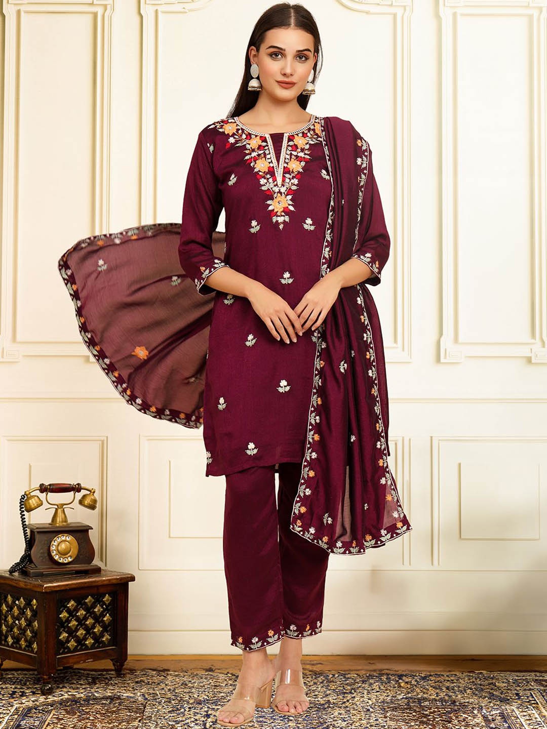House of Pataudi Floral Embroidered Thread Work Straight Kurta With Trousers & Dupatta, Maroon
House of Pataudi Floral Embroidered Thread Work Straight Kurta With Trousers & Dupatta, Maroon