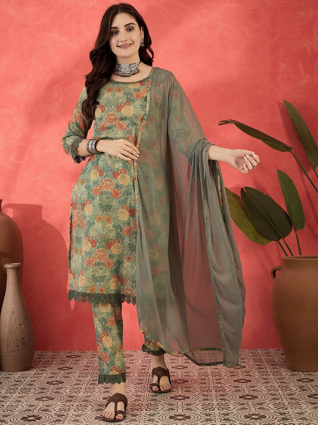 Sangria Floral Printed Lace-Up Detail Pure Cotton Straight Kurta With Trousers & Dupatta, Green
Sangria Floral Printed Lace-Up Detail Pure Cotton Straight Kurta With Trousers & Dupatta, Green