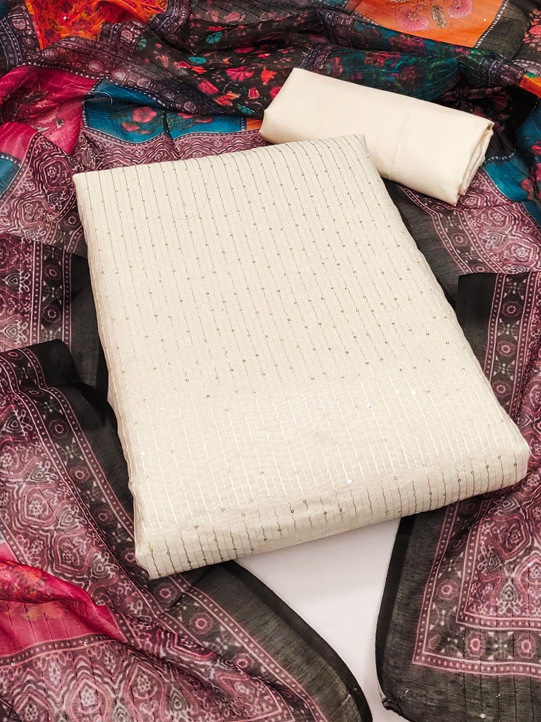 SHADOW & SAINING Striped Embroidered Sequinned Chanderi Cotton Unstitched Dress Material, White
SHADOW & SAINING Striped Embroidered Sequinned Chanderi Cotton Unstitched Dress Material, White