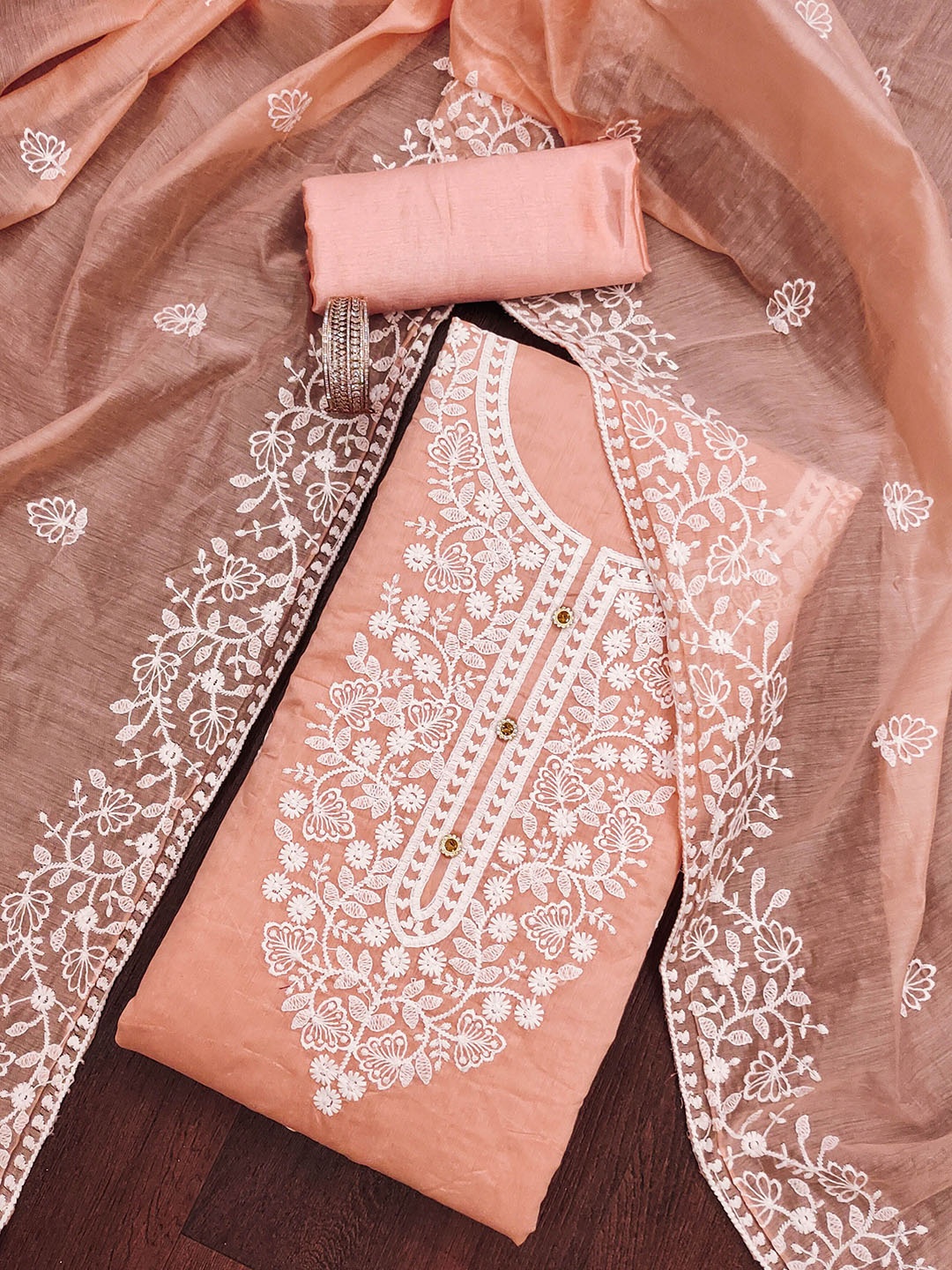 SHADOW & SAINING Floral Embroidered Thread Work Chanderi Cotton Unstitched Dress Material, Peach
SHADOW & SAINING Floral Embroidered Thread Work Chanderi Cotton Unstitched Dress Material, Peach