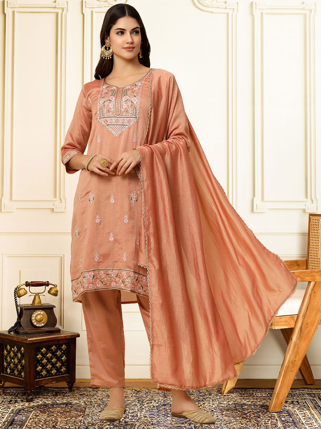 House of Pataudi Embroidered Thread Work Straight Kurta With Trousers & Dupatta, Peach
House of Pataudi Embroidered Thread Work Straight Kurta With Trousers & Dupatta, Peach