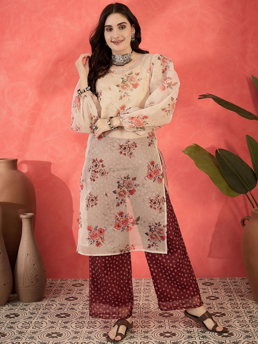 Sangria Floral Printed Puffed Sleeves Organza Straight Kurta With Trousers, Cream
Sangria Floral Printed Puffed Sleeves Organza Straight Kurta With Trousers, Cream