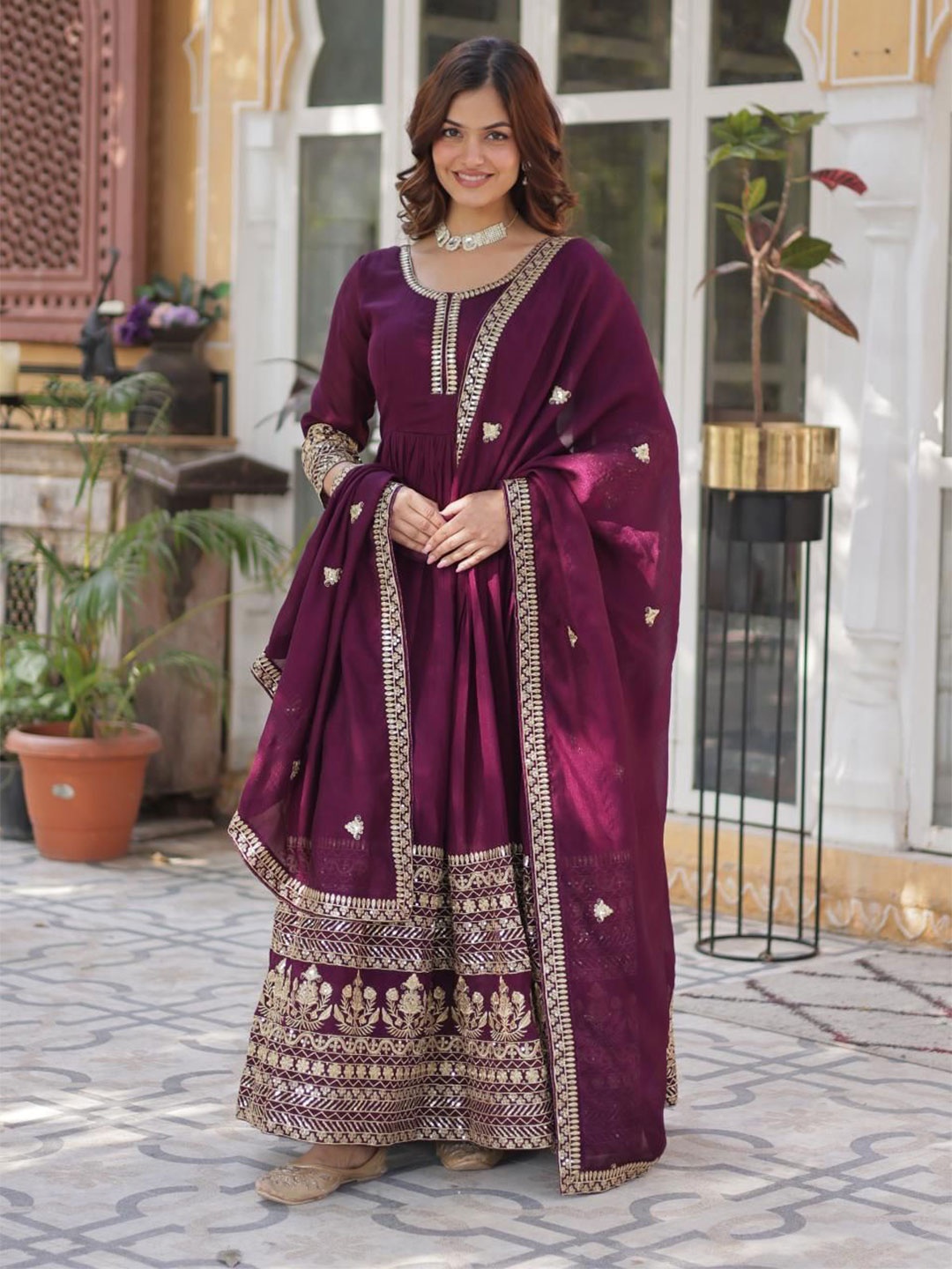 Tilton Floral Embroidered Round Neck Three-Quarter Sleeves Gown Maxi Dress with Dupatta, Magenta
Tilton Floral Embroidered Round Neck Three-Quarter Sleeves Gown Maxi Dress with Dupatta, Magenta