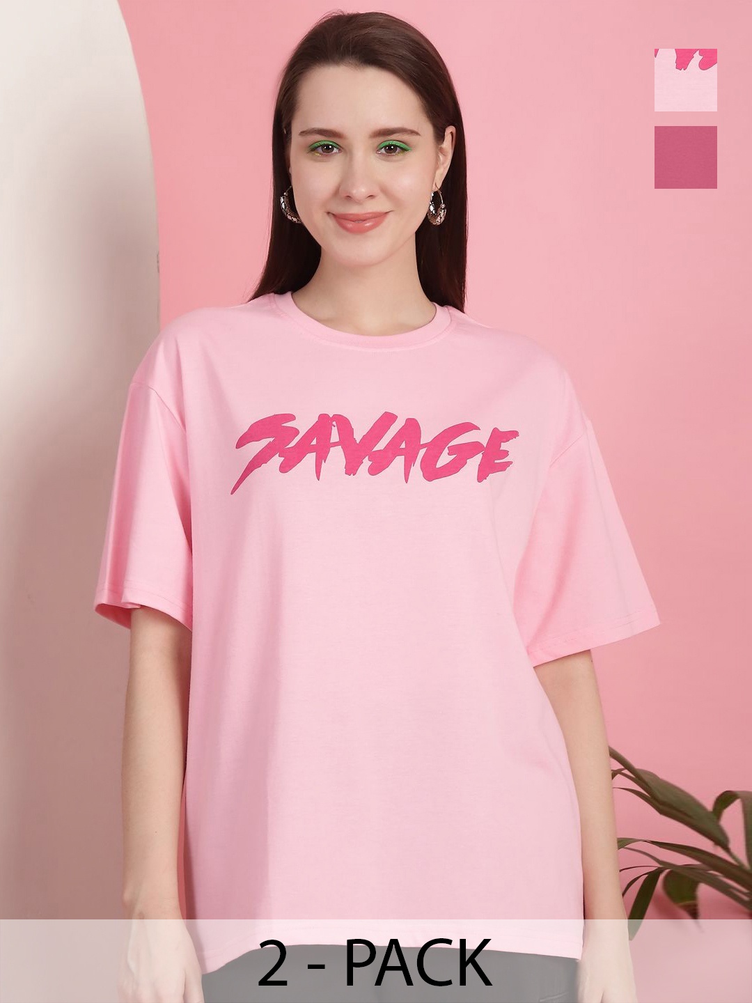 GLOBAL NOMAD Women Pack Of 2 Graphic Printed Round Neck Cotton Oversized T-shirts, Pink
GLOBAL NOMAD Women Pack Of 2 Graphic Printed Round Neck Cotton Oversized T-shirts, Pink