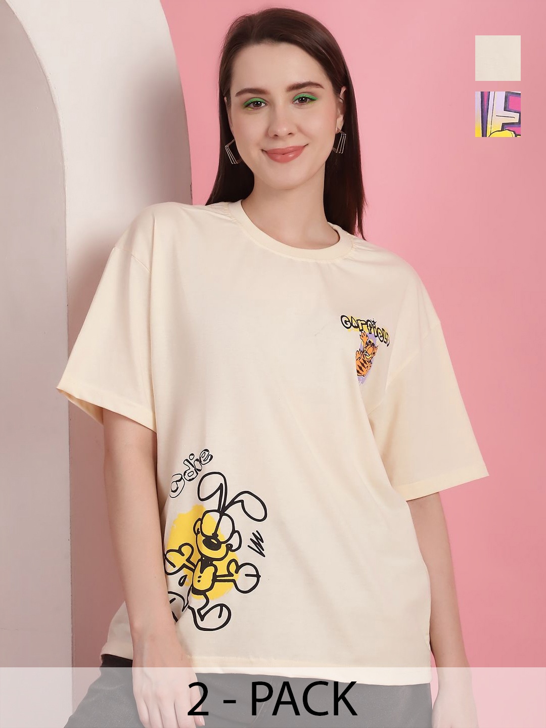 GLOBAL NOMAD Women Pack Of 2 Garfield Graphic Printed Round Neck Cotton Oversized T-shirts, Cream
GLOBAL NOMAD Women Pack Of 2 Garfield Graphic Printed Round Neck Cotton Oversized T-shirts, Cream