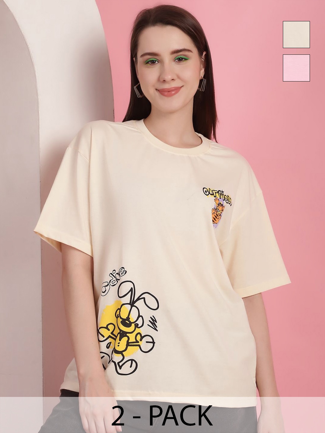 GLOBAL NOMAD Women Pack Of 2 Garfield Graphic Printed Round Neck Cotton Oversized T-shirts, Cream
GLOBAL NOMAD Women Pack Of 2 Garfield Graphic Printed Round Neck Cotton Oversized T-shirts, Cream