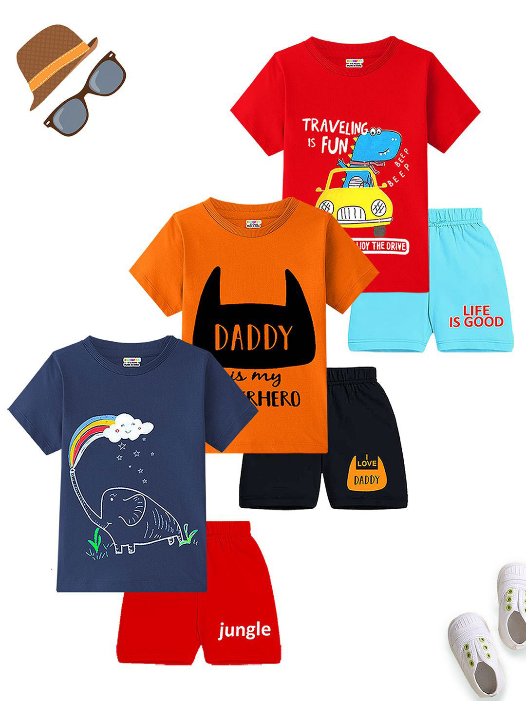 KUCHIPOO Boys Pack Of 3 Round Neck Printed T-shirt With Shorts, Orange 
KUCHIPOO Boys Pack Of 3 Round Neck Printed T-shirt With Shorts, Orange