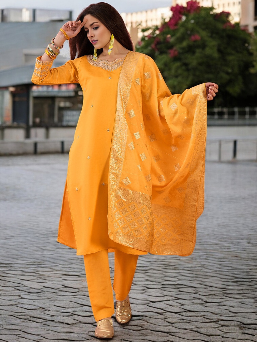 KALINI Ethnic Motifs Embroidered Notch Neck Sequinned Kurta With Trousers & Dupatta, Yellow
KALINI Ethnic Motifs Embroidered Notch Neck Sequinned Kurta With Trousers & Dupatta, Yellow