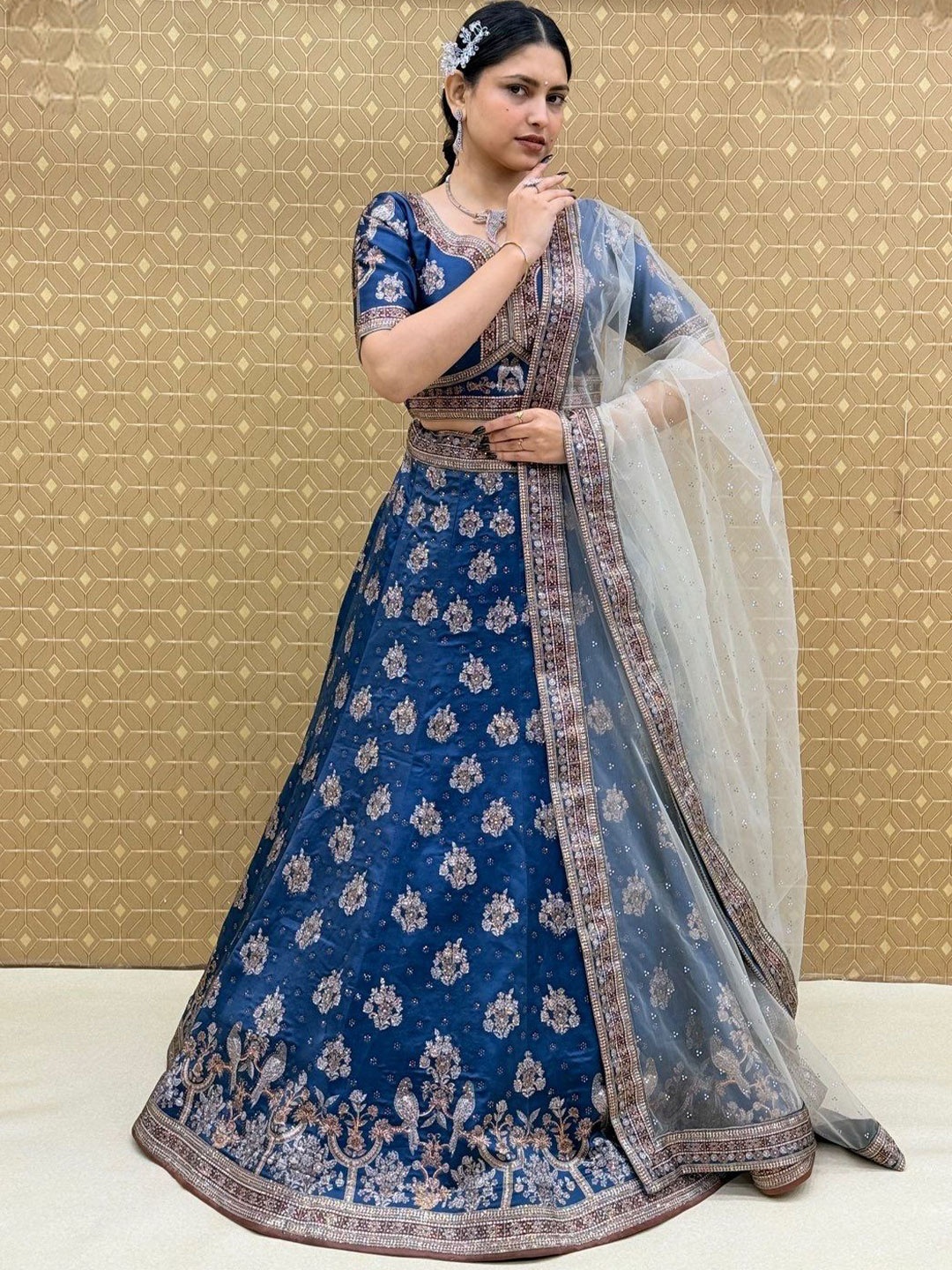 KUNDAN FAB Embroidered Thread Work Semi-Stitched Lehenga & Unstitched Blouse With Dupatta, Blue
KUNDAN FAB Embroidered Thread Work Semi-Stitched Lehenga & Unstitched Blouse With Dupatta, Blue