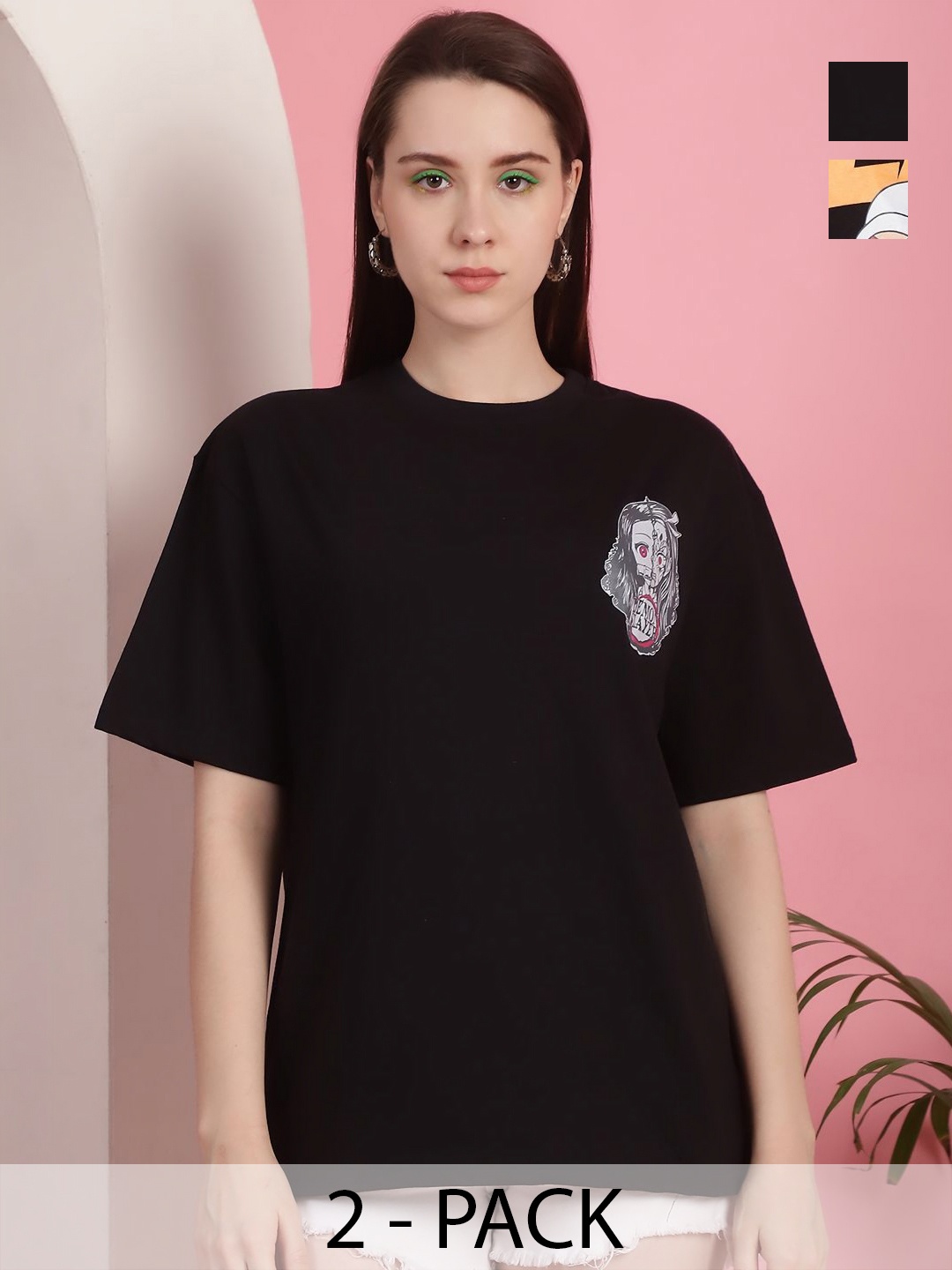 GLOBAL NOMAD Women Pack Of 2 Graphic Printed Round Neck Cotton Oversized T-shirts, Black
GLOBAL NOMAD Women Pack Of 2 Graphic Printed Round Neck Cotton Oversized T-shirts, Black
